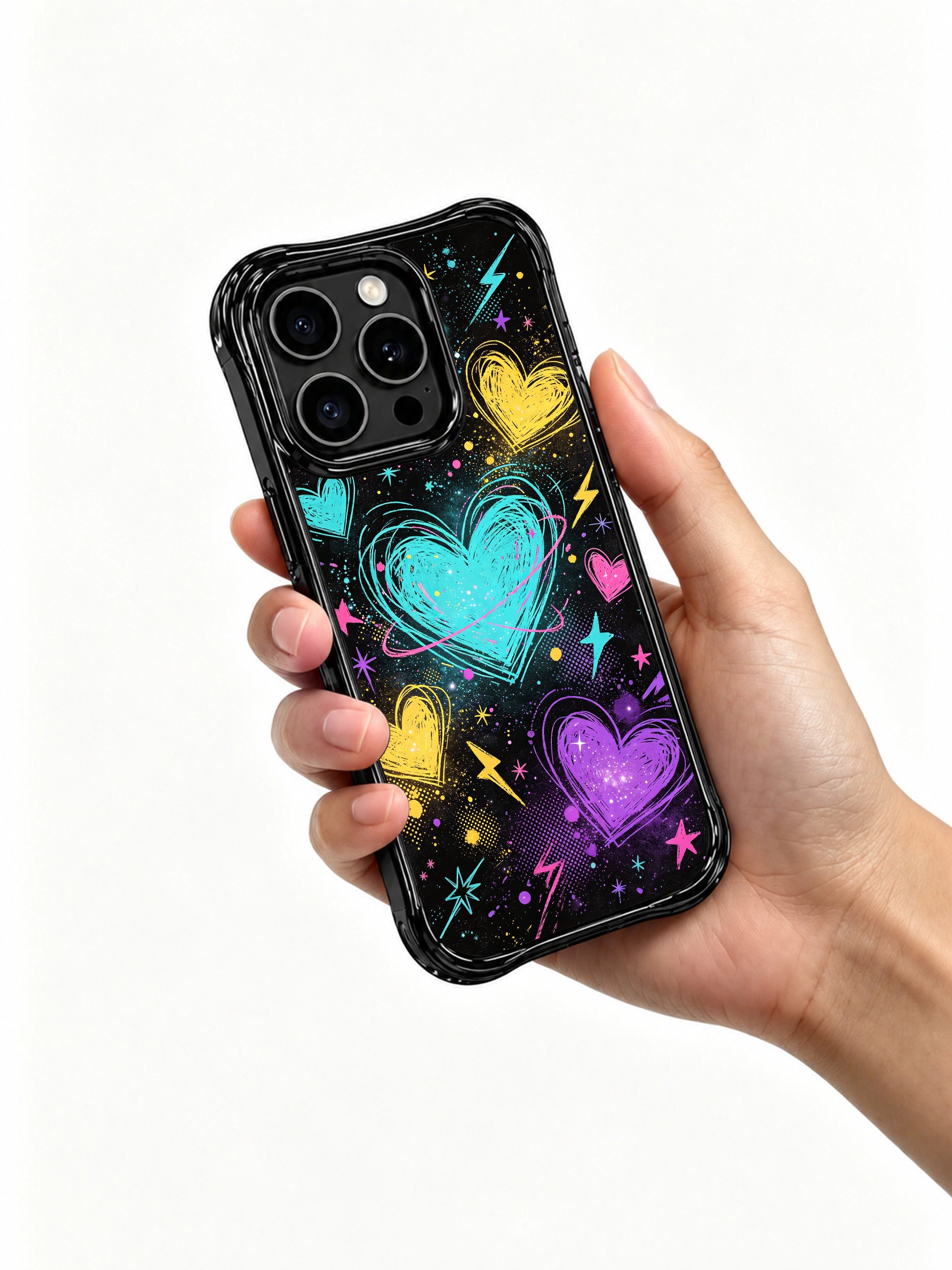 PhoneCasing iPhone 13 Pro Max case uneven chaotic freehand scribble outlines for every heart, vivid neon pink yellow cyan purple palette, subtle galaxy glitter texture inside focal hearts, scratch-resistant dreamy statement phone cover.