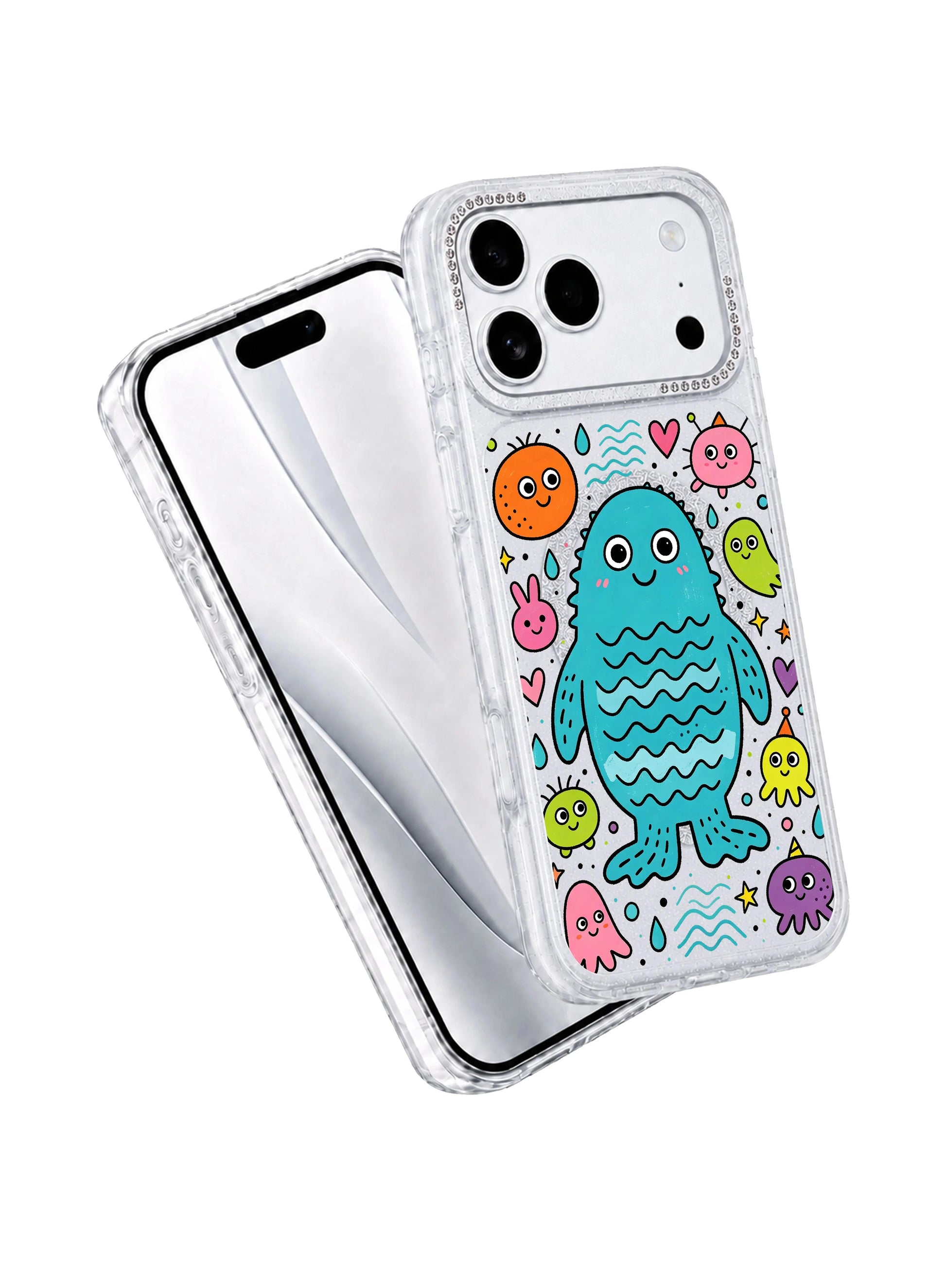 PhoneCasing full hue spectrum showcase of Vibrant Ocean Blue Monster iPhone 17 Pro Max case, saturated vivid marine creature artwork printed with long-lasting scratch-proof ink for the iPhone 17 Pro Max casing