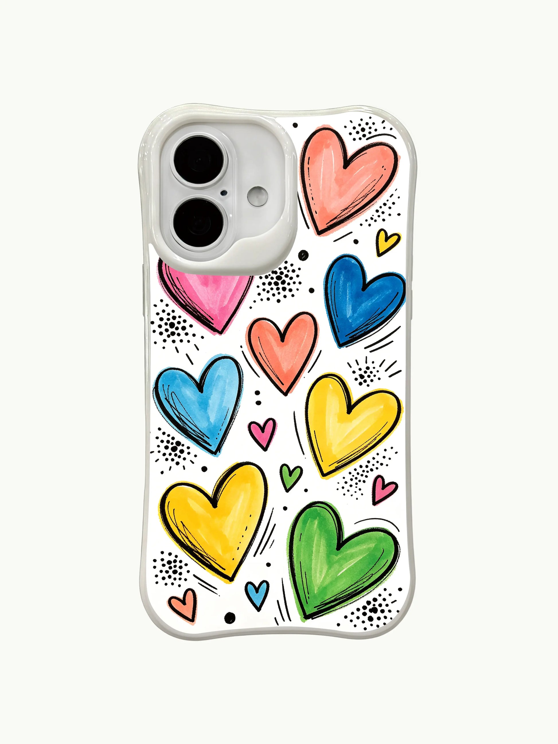 PhoneCasing vibrant paint hearts iPhone 16 plus case, watercolor-style heart fills with hand-drawn borders, tough iphone 16 plus casing.
