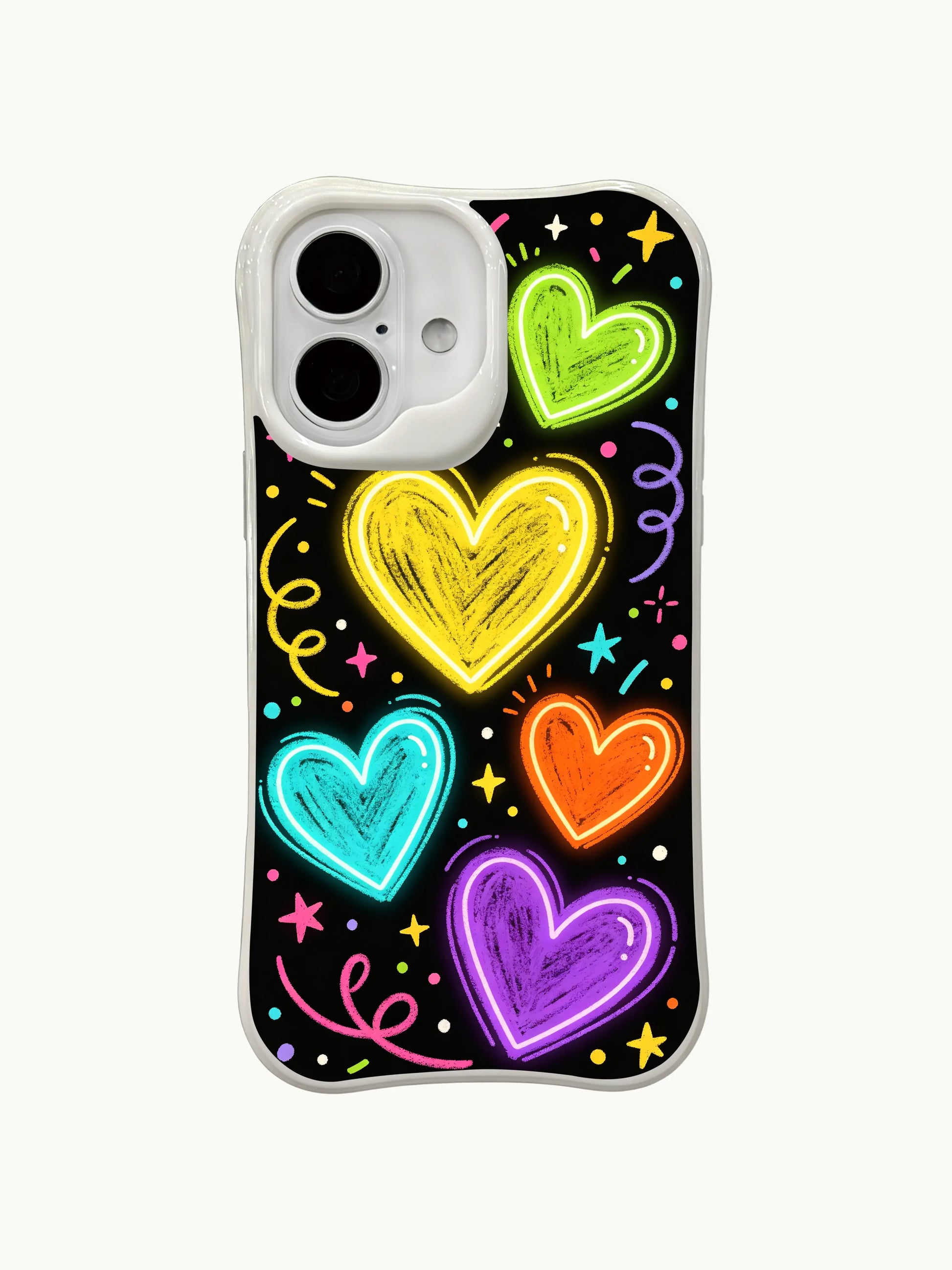 PhoneCasing vibrant party hearts iPhone 16 plus case, a cheerful iphone 16 plus casing with bright neon hearts, stars, and confetti for a fun, festive look.