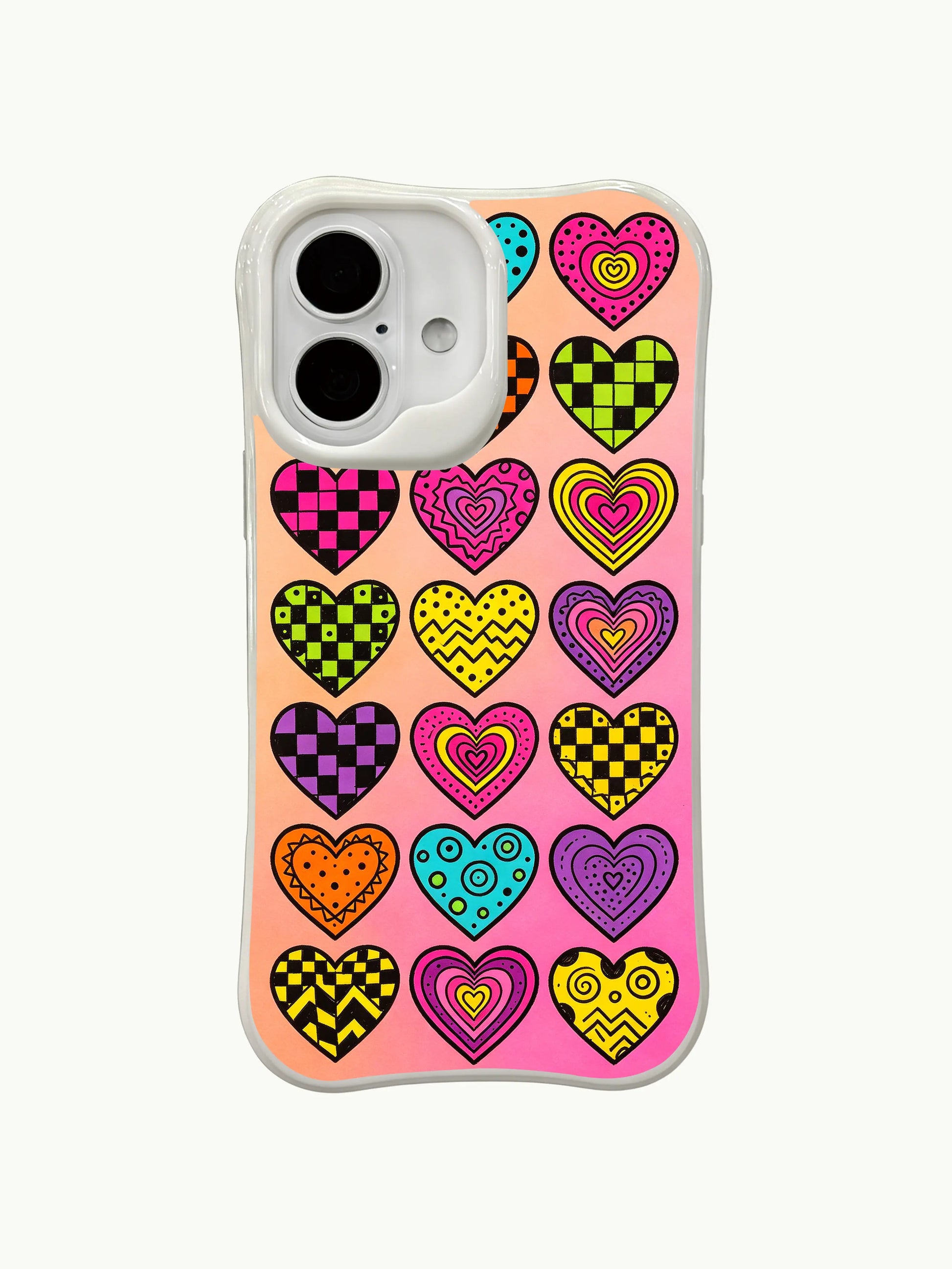 PhoneCasing Vibrant Patterned Hearts Case for iPhone 16 Plus, a vibrant iPhone 16 plus casing with mixed geometric designs and neon accents.