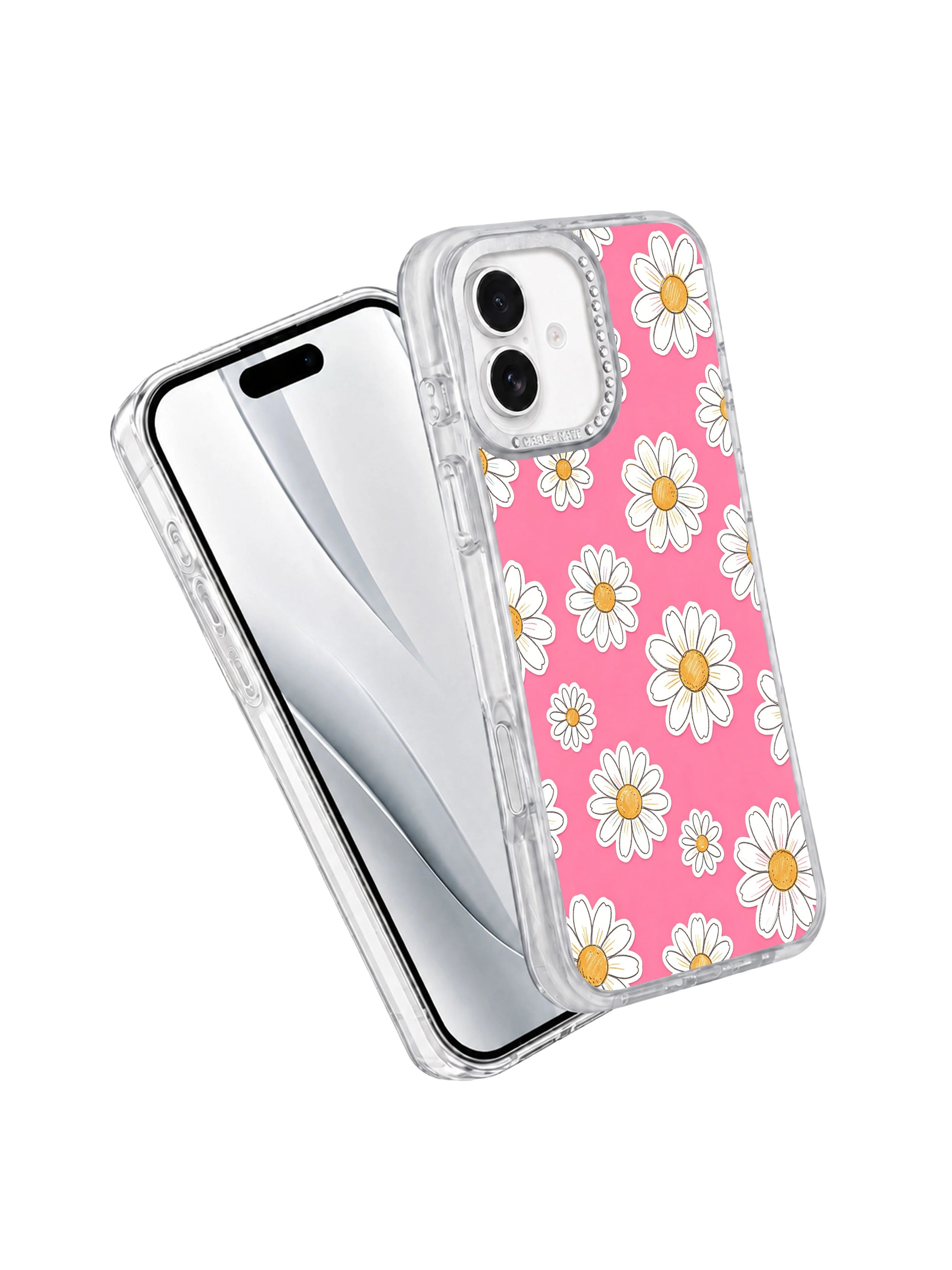 PhoneCasing vivid bubblegum pink seamless joyful daisy iPhone 17 casing design from artist Solea Meadow Pink Joy Daisy Field, organic loose flower clusters paired with textured golden dot centers for modern coquette feminine aesthetics.