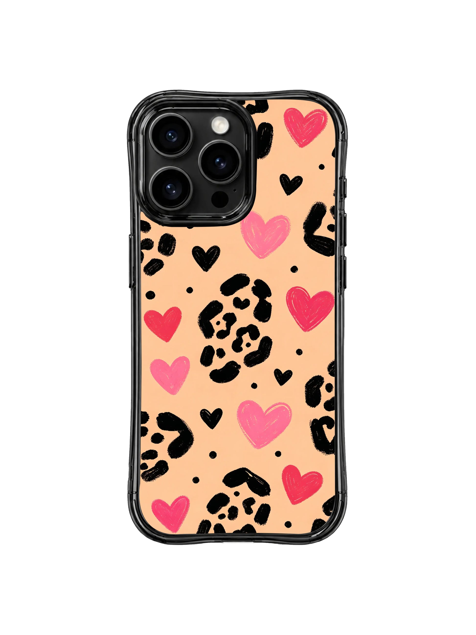 Vibrant playful wild heart motif iPhone 14 Pro Case by PhoneCasing, warm peach cream negative space softens edgy black leopard spots and bright hand-drawn pink-red hearts for light carefree visual balance