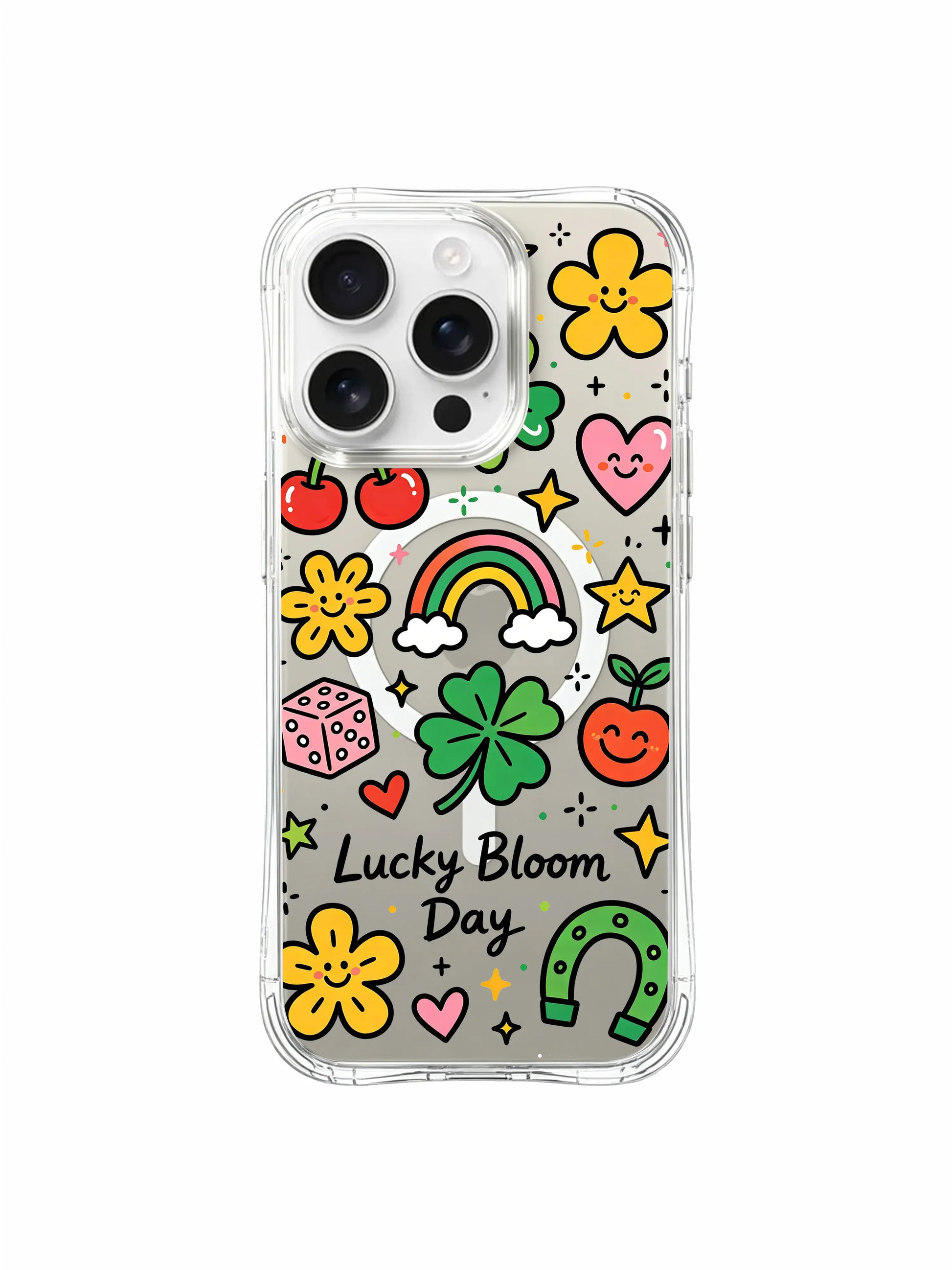PhoneCasing iPhone 16 pro max scratch-resistant case with vibrant positive doodles, hearts, stars and lucky horseshoe motifs.