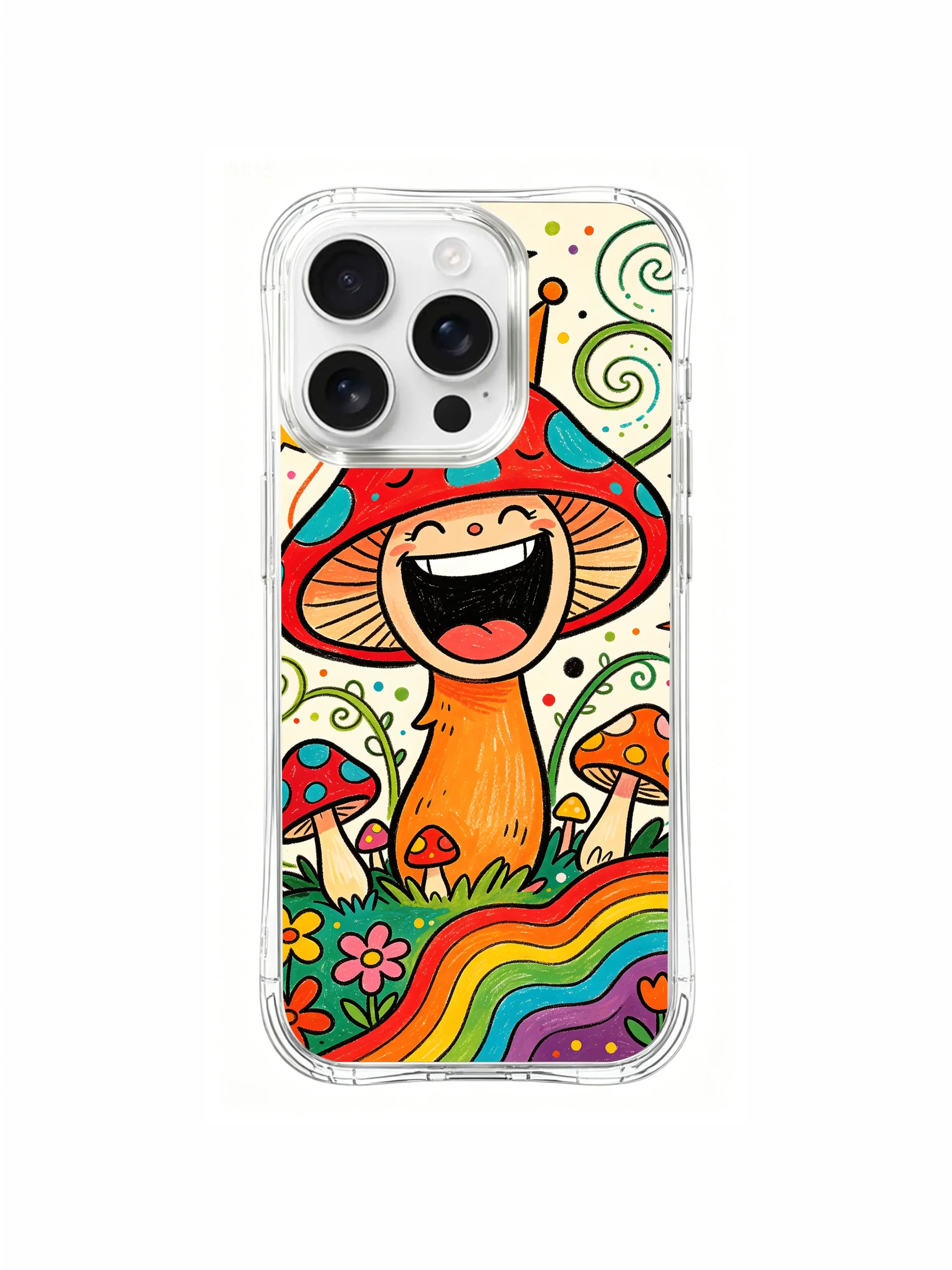 PhoneCasing iPhone 16 pro max Case, bold primary color illustrated bespoke casing featuring Luna Moss’s iconic laughing mushroom king, limited artist collab gallery grade USA art phone casing