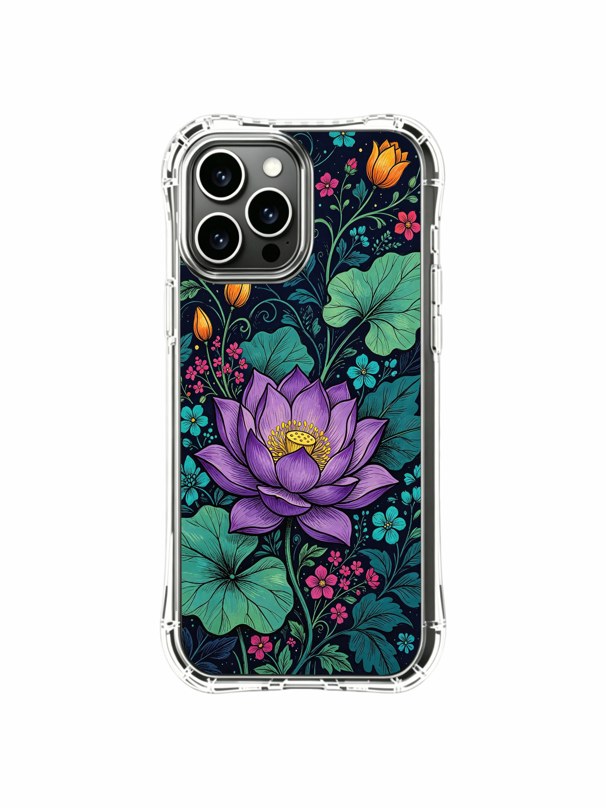 PhoneCasing iPhone 16 Pro Max Case with a vibrant purple lotus flower design. Midnight garden theme by Elias Nocturne, illustrated art case crafted in California.
