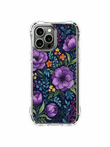 PhoneCasing iPhone 16 Pro Max Case featuring vibrant purple peony art. Rich blooms on a deep blue background, slim lightweight protective case.