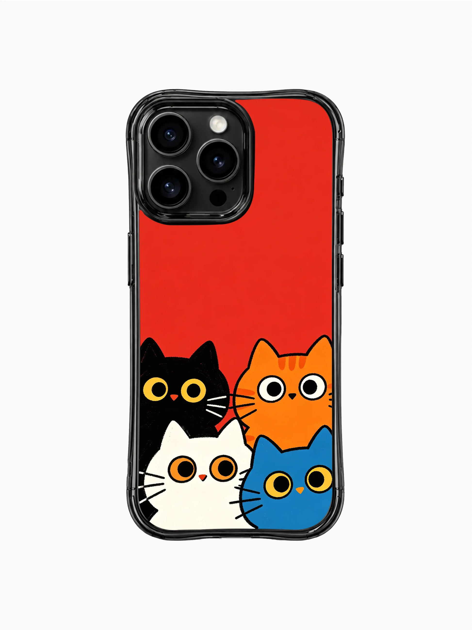 PhoneCasing iPhone 16 pro max anti-yellowing case featuring bright, happy cats against a bold red background.