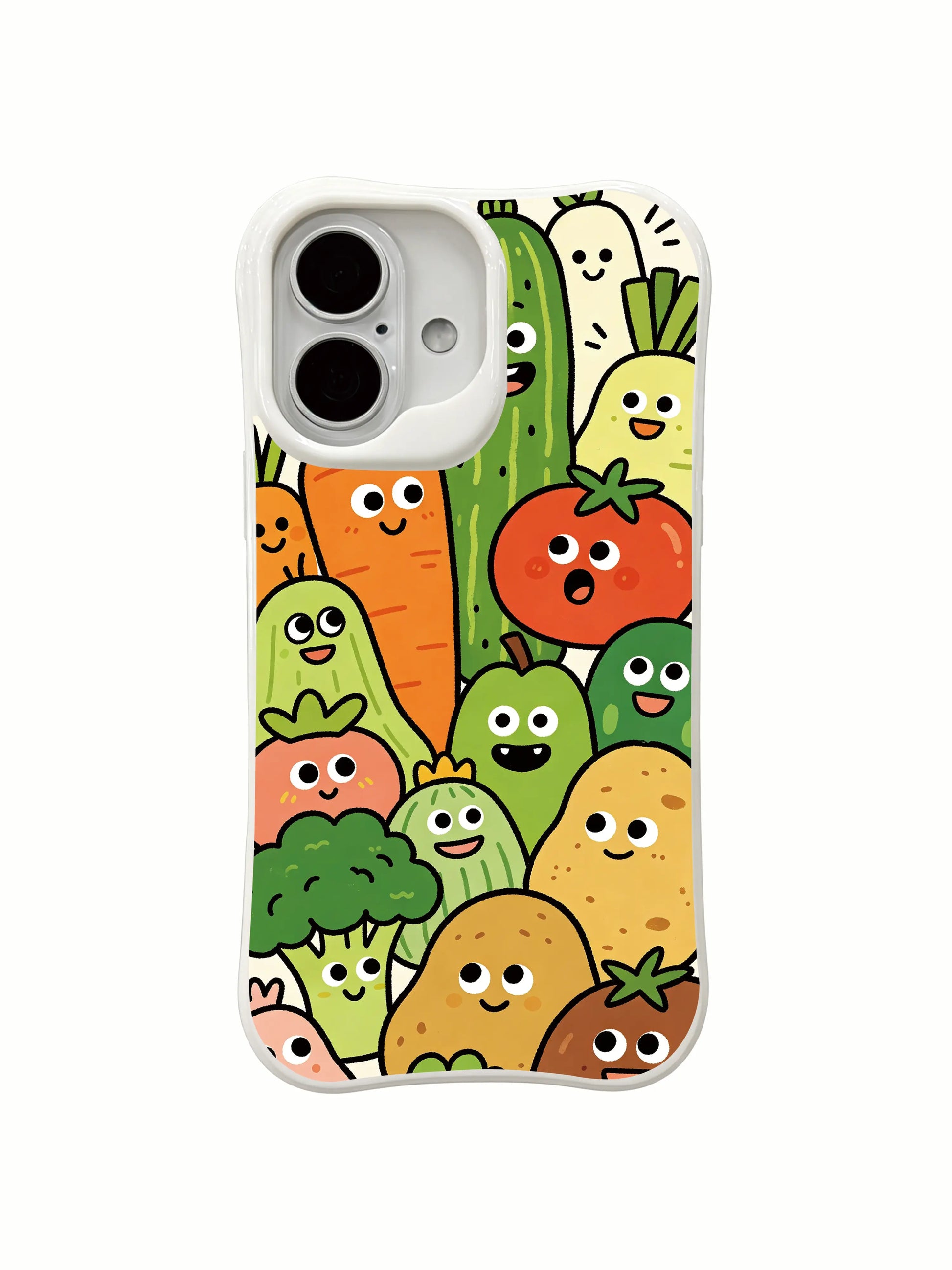 PhoneCasing vibrant salad team meeting iPhone 16 Plus Case, eye-catching artwork with serious and silly vegetable faces.