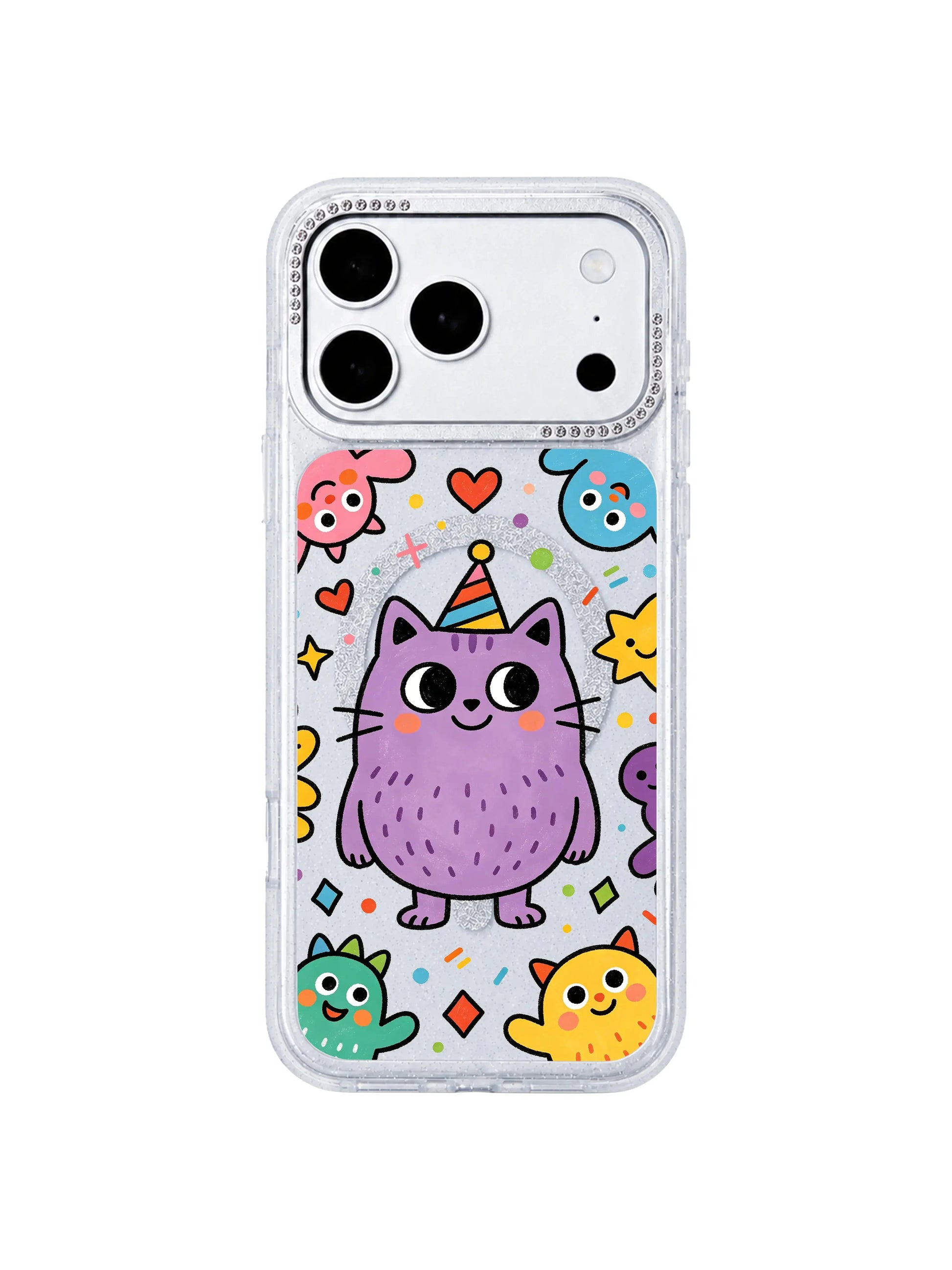 PhoneCasing full hue spectrum showcase of Vibrant Self-Love Cat iPhone 17 Pro Max case, saturated vivid purple cat & companion monster artwork printed with long-lasting scratch-proof ink for the iPhone 17 Pro Max casing
