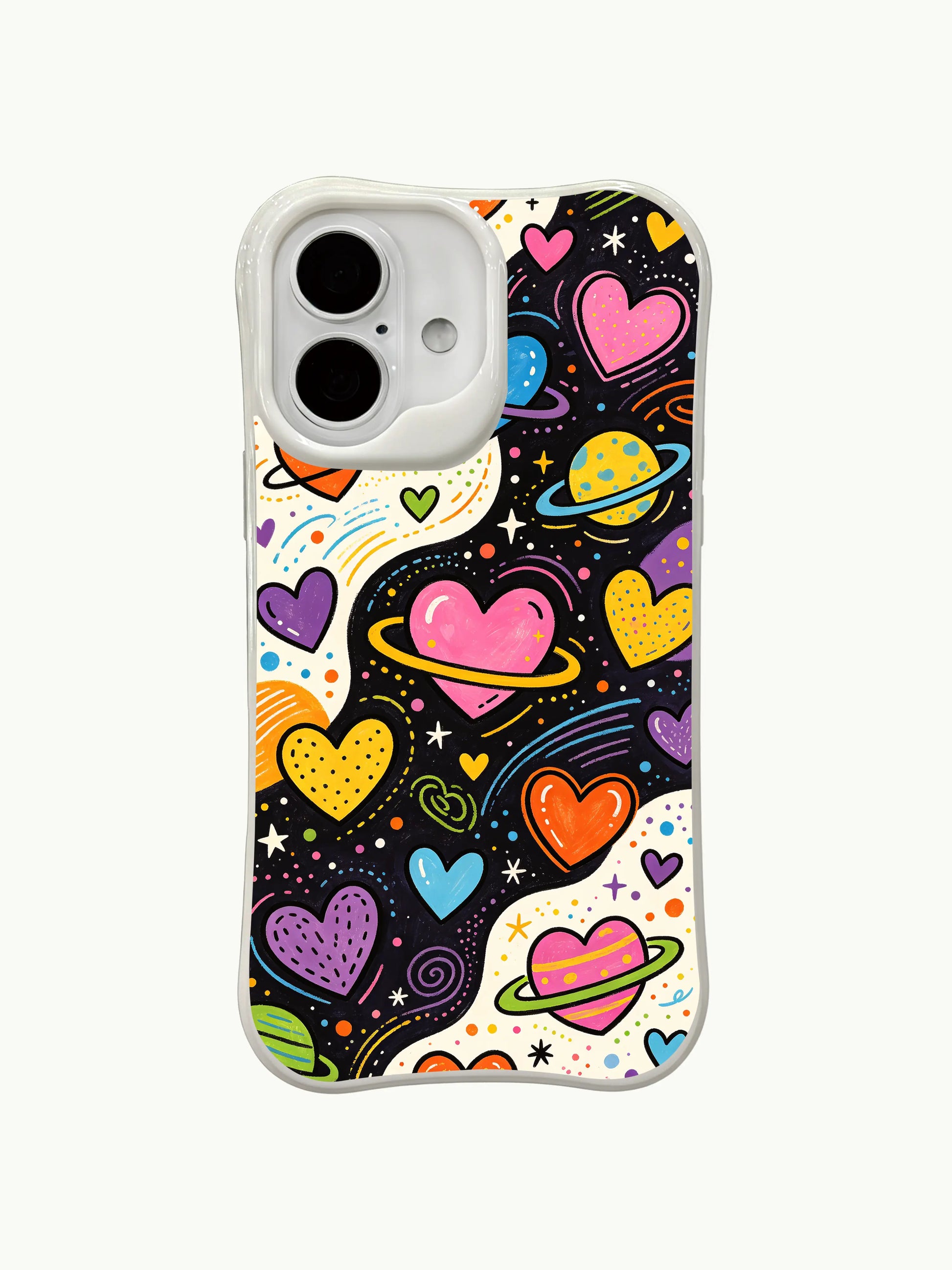 PhoneCasing Vibrant Space Hearts Case for iPhone 16 Plus, a vibrant iPhone 16 plus casing with neon-colored hearts and cosmic patterns.
