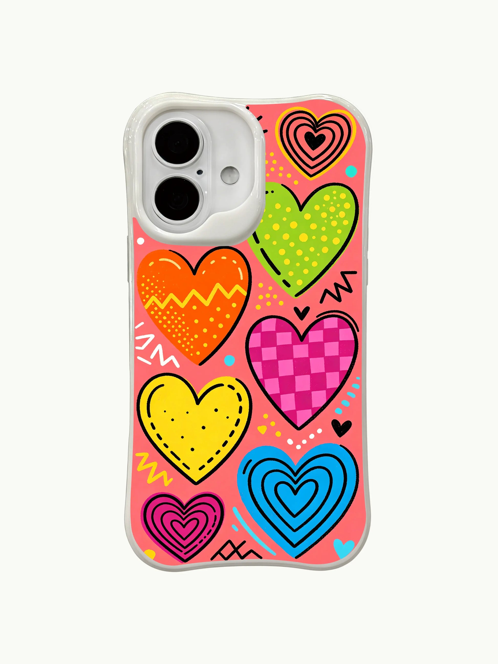PhoneCasing Vibrant Tropical Doodle Case for iPhone 16 Plus, a bold iPhone 16 plus casing with bright hearts and fun accents.
