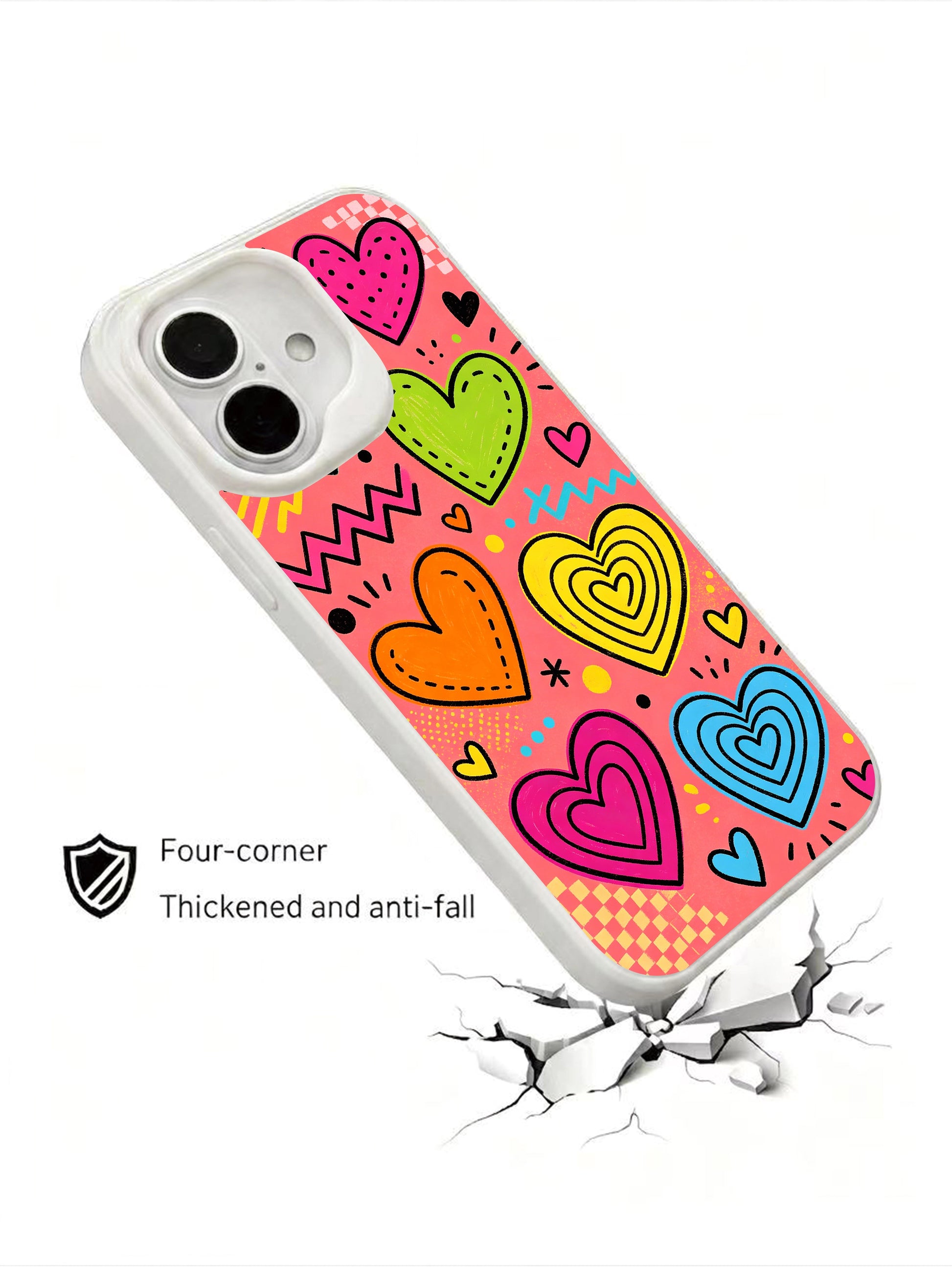PhoneCasing Vibrant Tropical Hearts Case for iPhone 16 Plus, a bold iPhone 16 plus casing with neon-colored hearts and retro details.