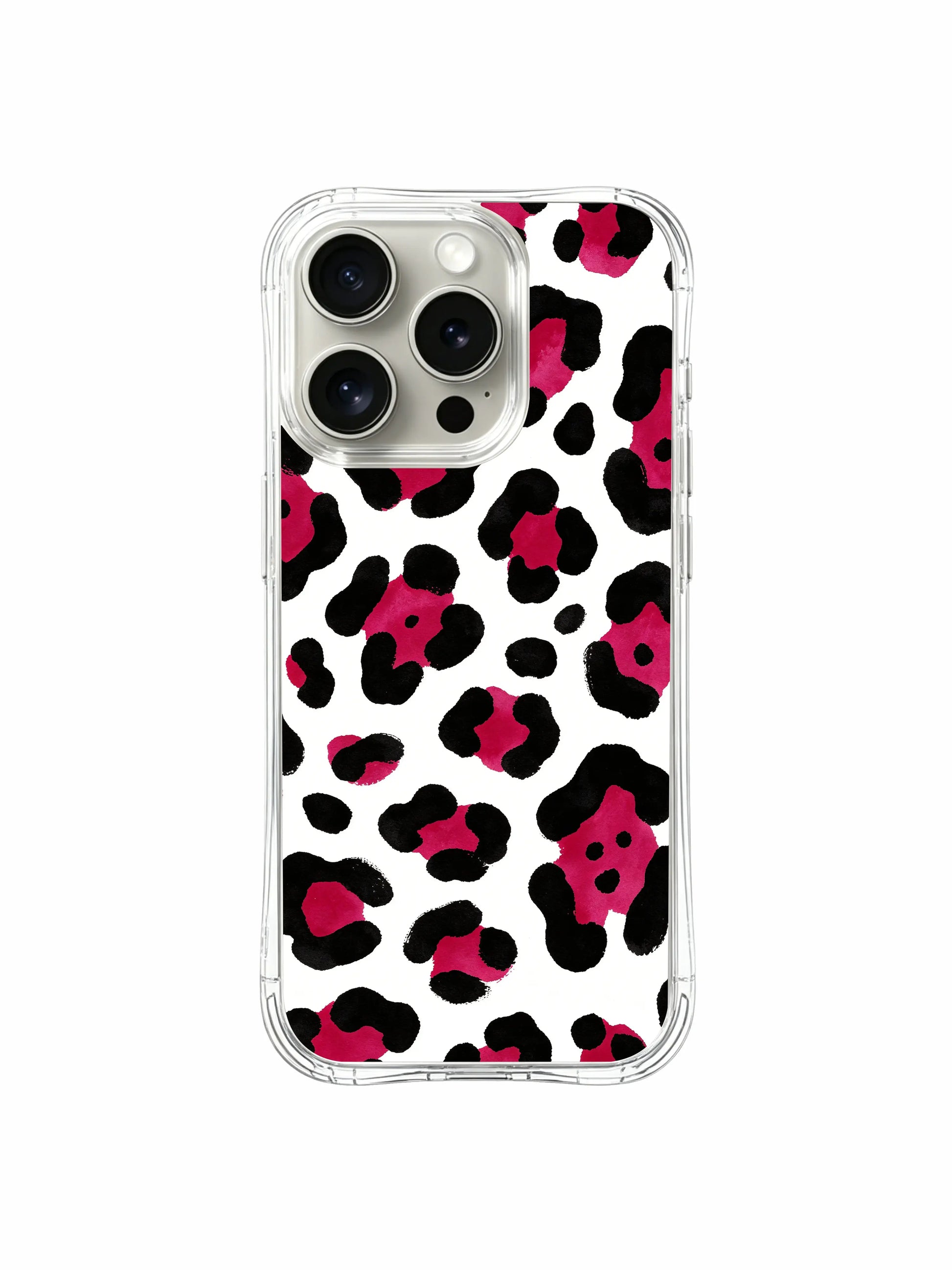 Punchy unfiltered wild leopard motif iPhone 14 Pro Case by PhoneCasing, clean bright white negative space softens thick textured black brush rosette borders for striking balanced bold visual flow