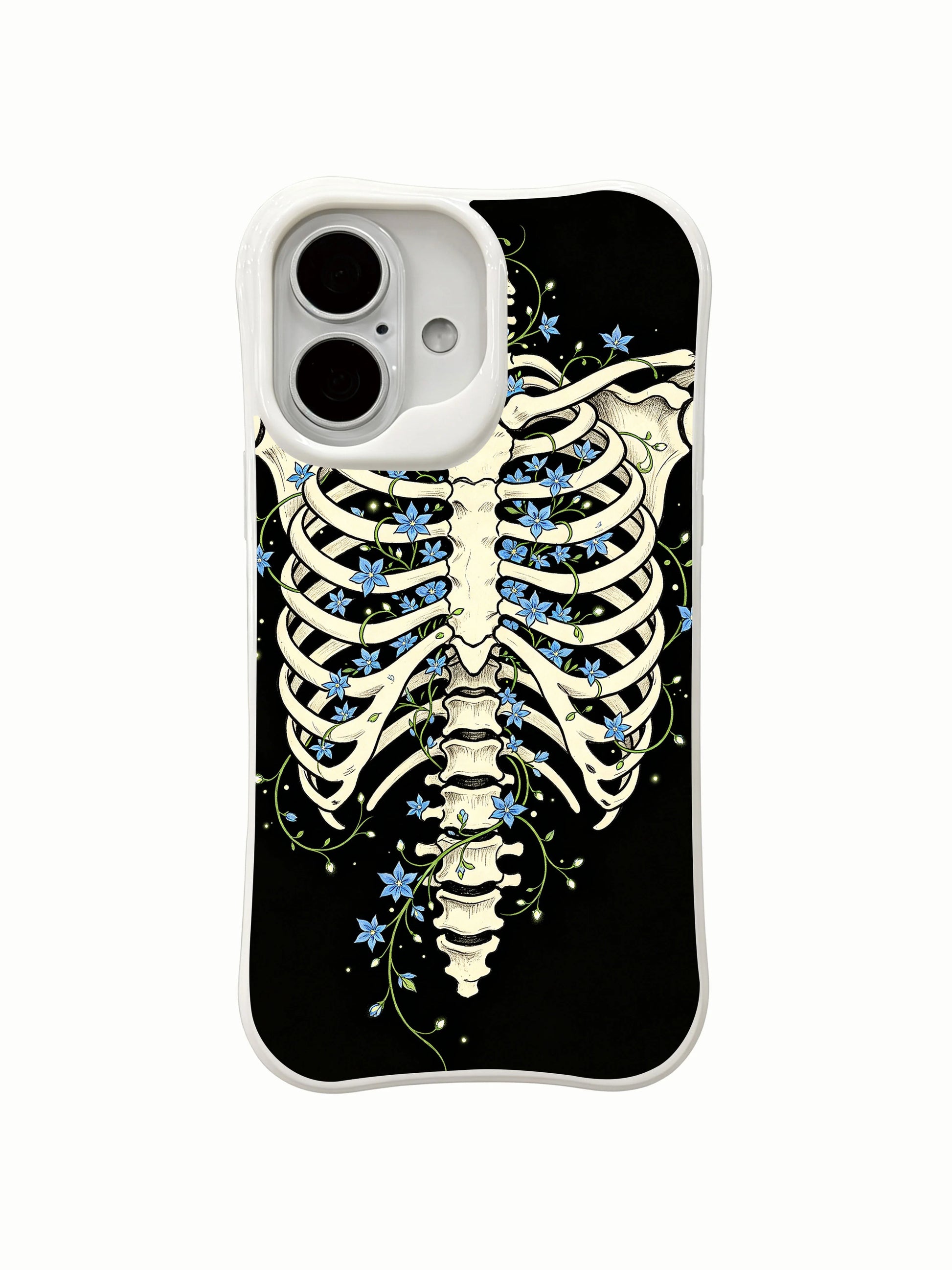 PhoneCasing vine bloom dark cage skeleton iPhone 16 Case, blue star flowers twining through empty rib bones with subtle warm glow on dark base, fade resistant durable daily-use iPhone 16 casing