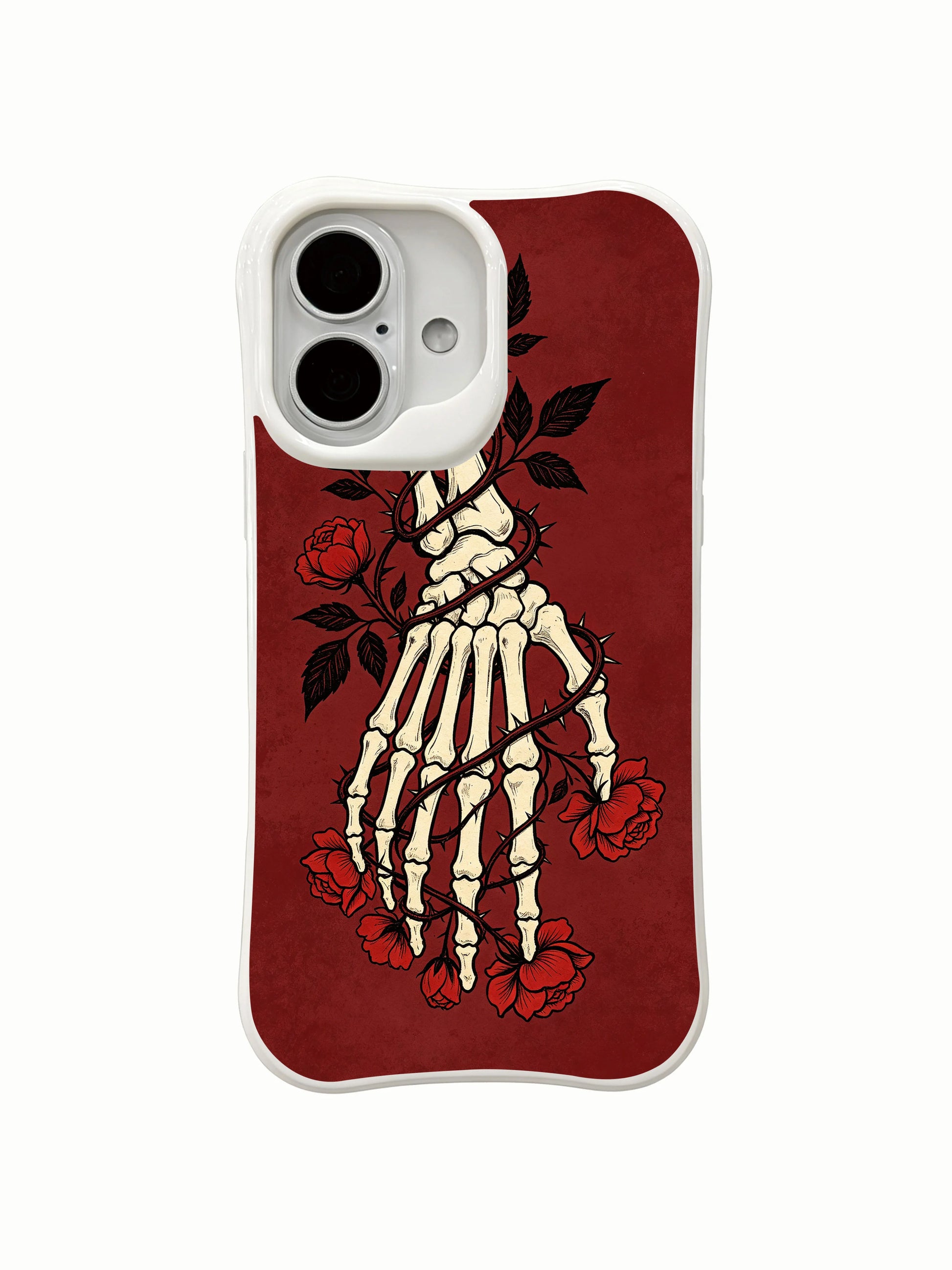 PhoneCasing vine-bound bloom skeleton iPhone 16 Case, rich red roses sprouting from thorn-trapped skeletal hand, fade resistant durable daily-use iPhone 16 casing
