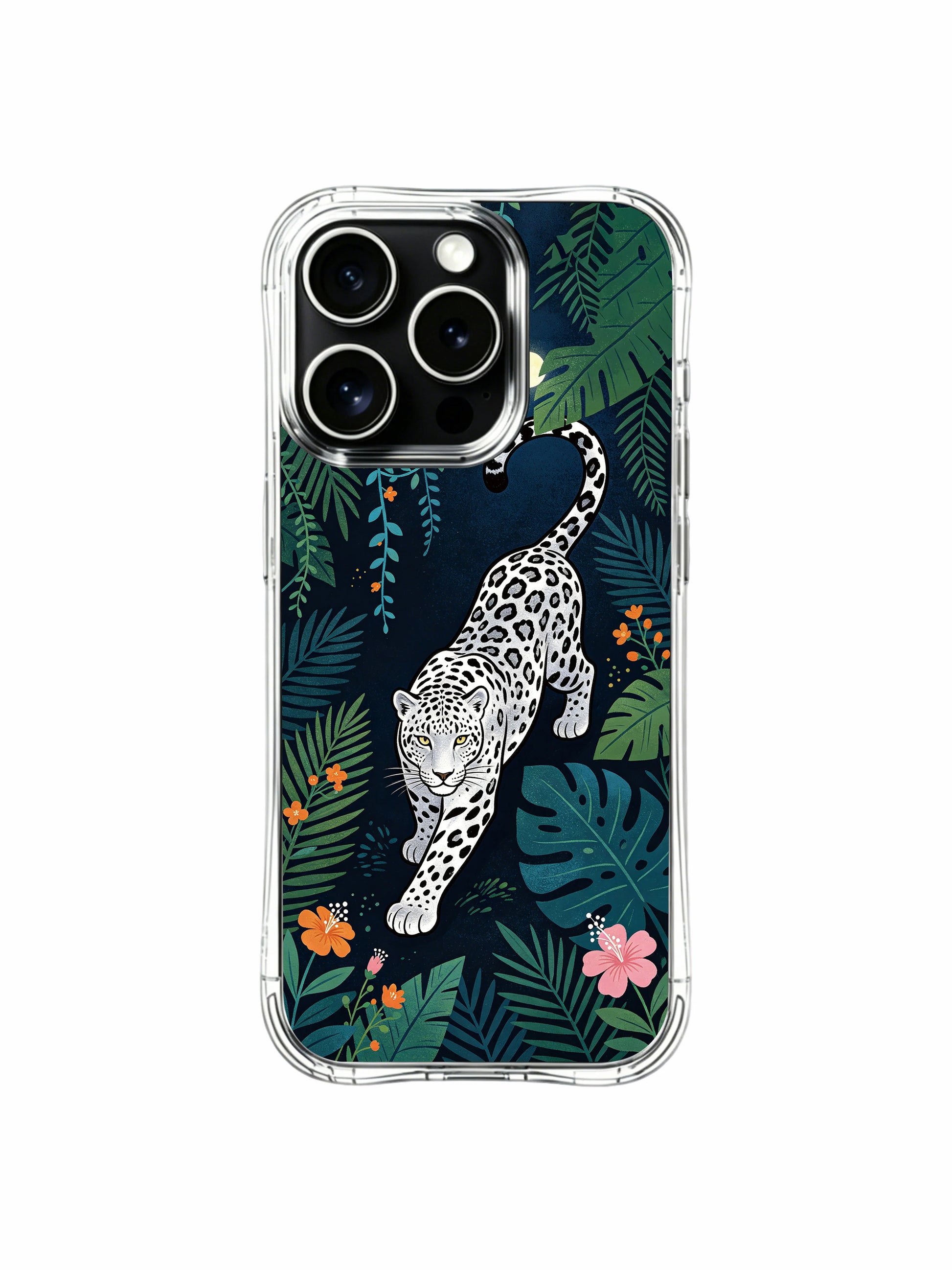 Twisted tropical vine wrapped prowling silver leopard iPhone 13 pro Case from PhoneCasing, portable lightweight protective iPhone 13 pro casing scattered with tiny wild orange blooms, serene boho jungle phone cover.