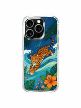 Mid-air leap mystic orange jaguar winding through seaside tropical vine canopy iPhone 13 pro Case by PhoneCasing, warm sunset orange hibiscus accent art phone cover, limited-run lightweight protective casing