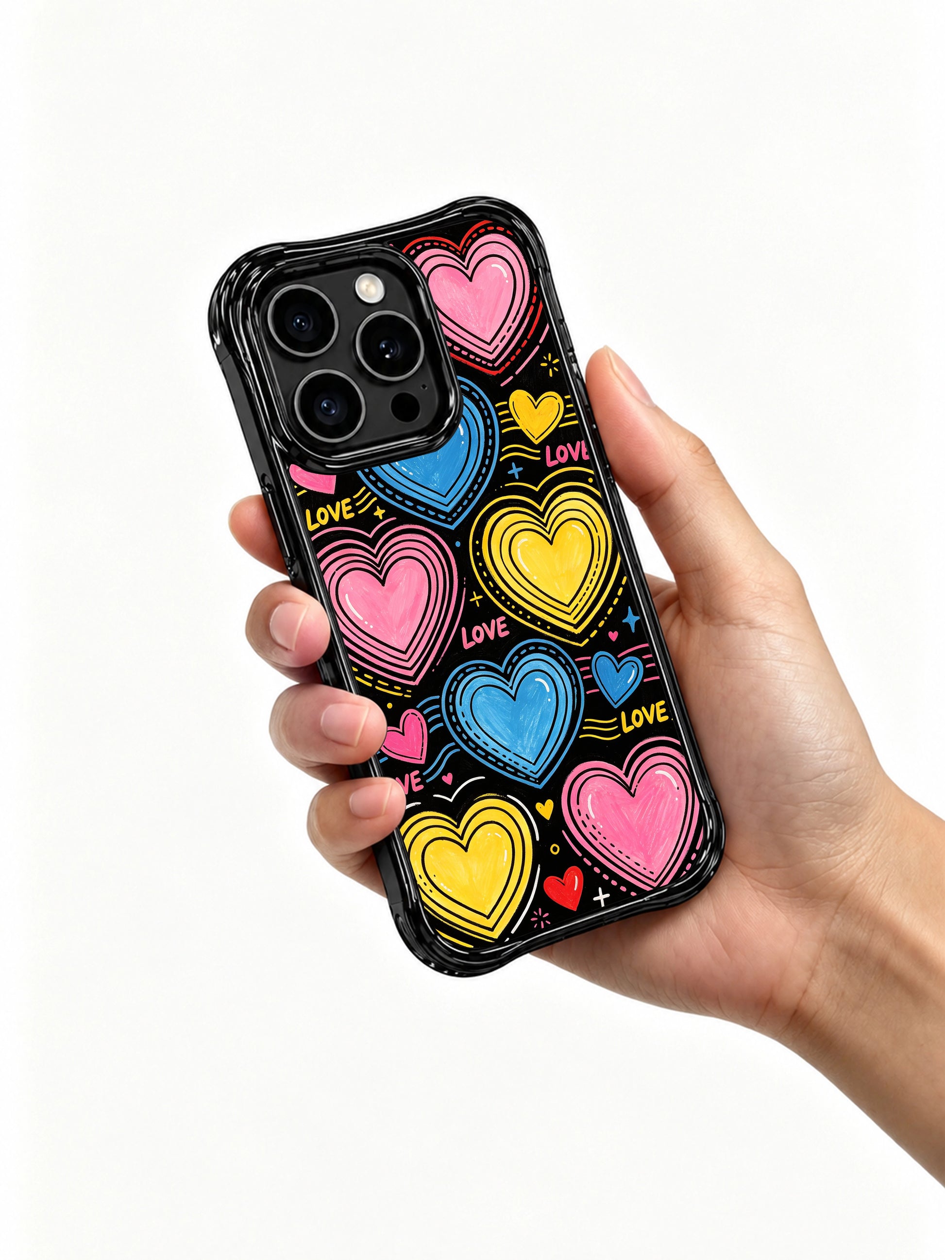PhoneCasing iPhone 13 Pro Max case rough hand sketch retro layered hearts, colorful LOVE handwriting and tiny music note embellishments, scratch-resistant nostalgic statement phone cover.