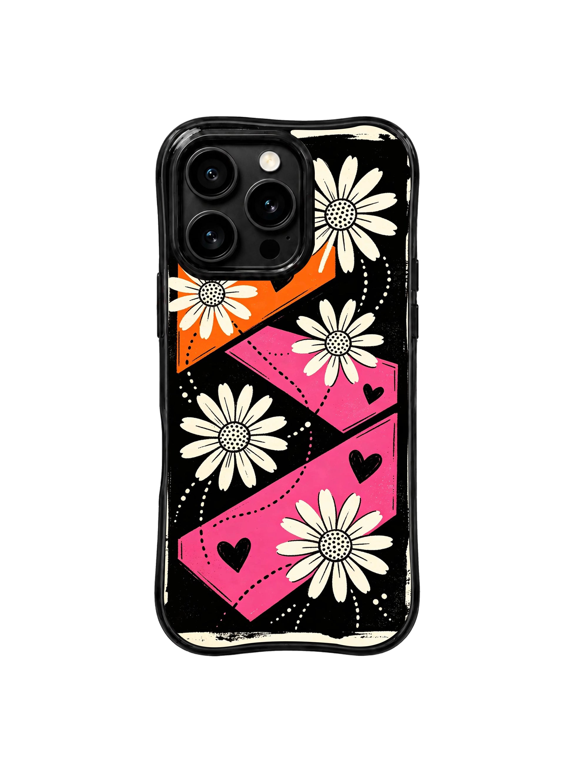 PhoneCasing iPhone 16 pro Case with full-bleed geographic patchwork map daisy dotted route layout full of warm travel charm, Ruby Daze signature collection, MagSafe compatible wavy black protective art casing.