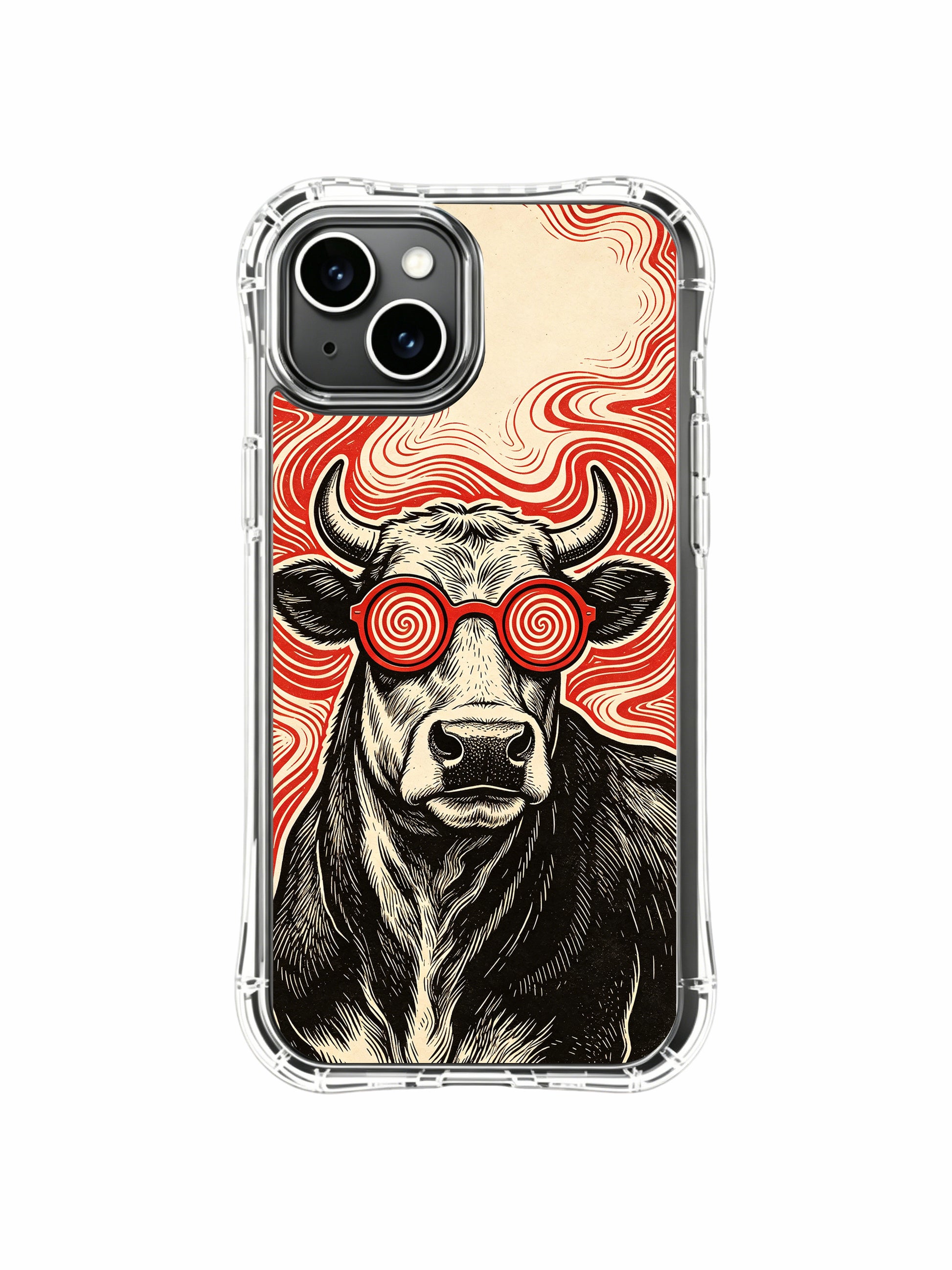 Aged vintage kraft paper textured hypnotic party cow illustration by Rufus Vale on PhoneCasing iPhone 13 Case, limited-run collab gallery-quality wearable fine art phone case made in our US atelier.