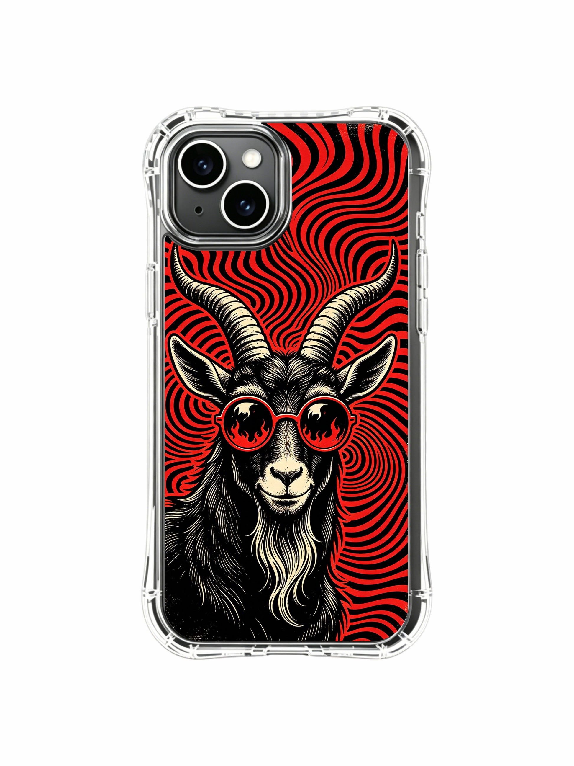 Aged vintage kraft paper textured underground rock poster goat illustration by Rufus Vale on PhoneCasing iPhone 13 Case, limited-run collab gallery-quality wearable fine art phone case made in our US atelier.
