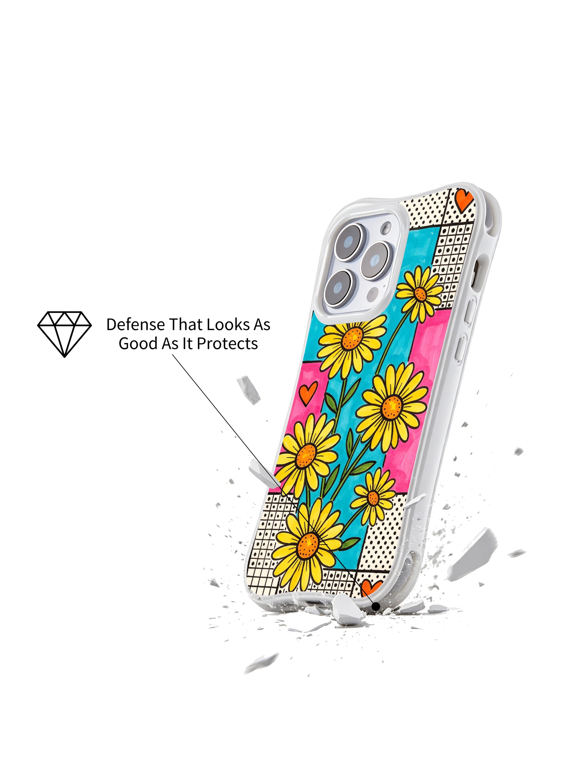 PhoneCasing iPhone 16 pro Case with nostalgic old candy packaging & urban street poster patchwork daisy graphics, Ruby Daze bright joyful pop art, California-made wavy white phone cover.