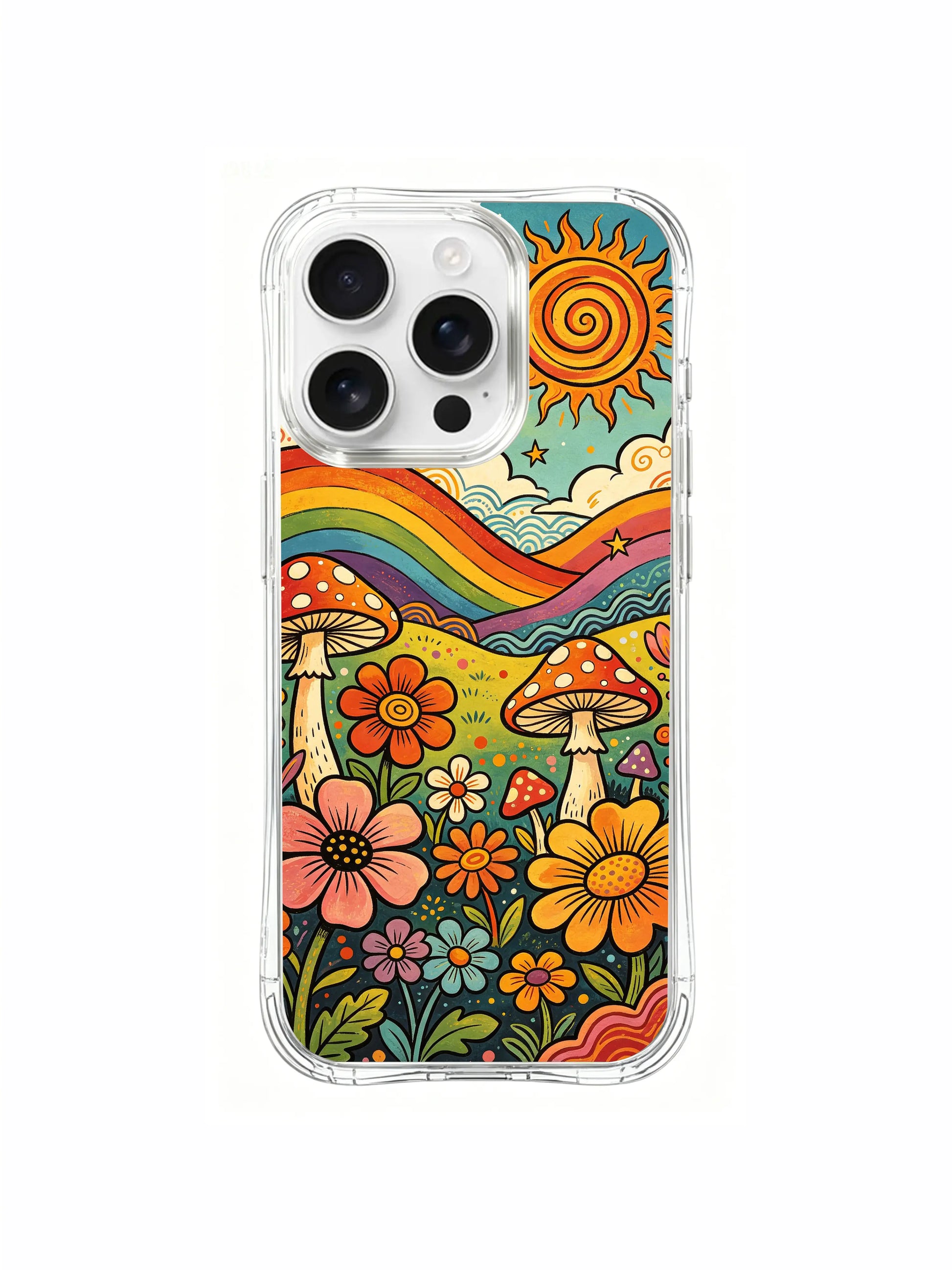 PhoneCasing iPhone 16 pro max Case, retro crayon finish bespoke casing with textured primitive folk drawing of intergrown mushroom and flower ecosystem beneath spiral sun & arching rainbow, high-end California-produced wearable art casing