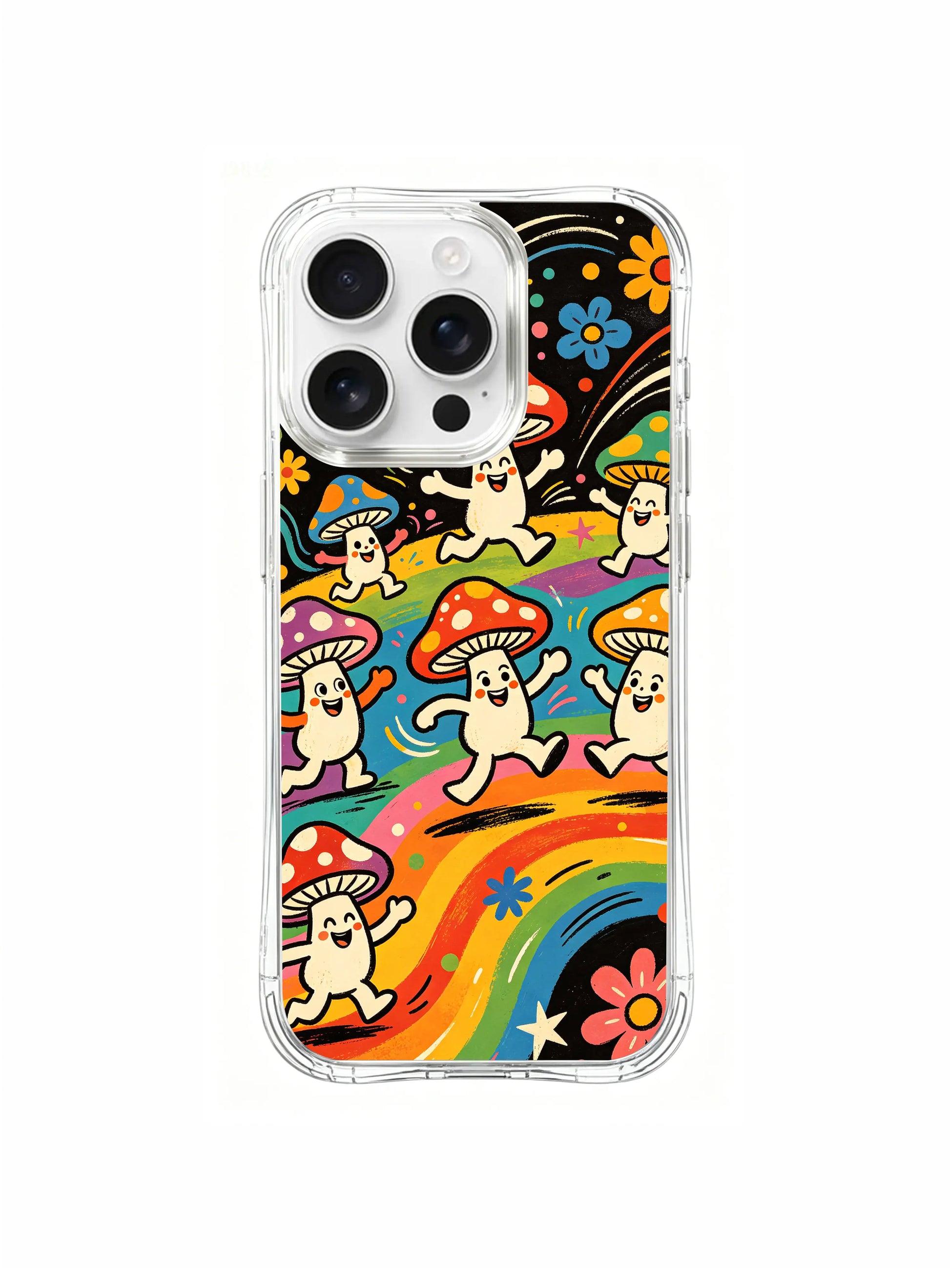 PhoneCasing iPhone 16 pro max Case, retro crayon finish bespoke casing with textured primitive folk drawing of spring mushroom festival & undulating rainbow grass lanes, high-end California-produced wearable art casing