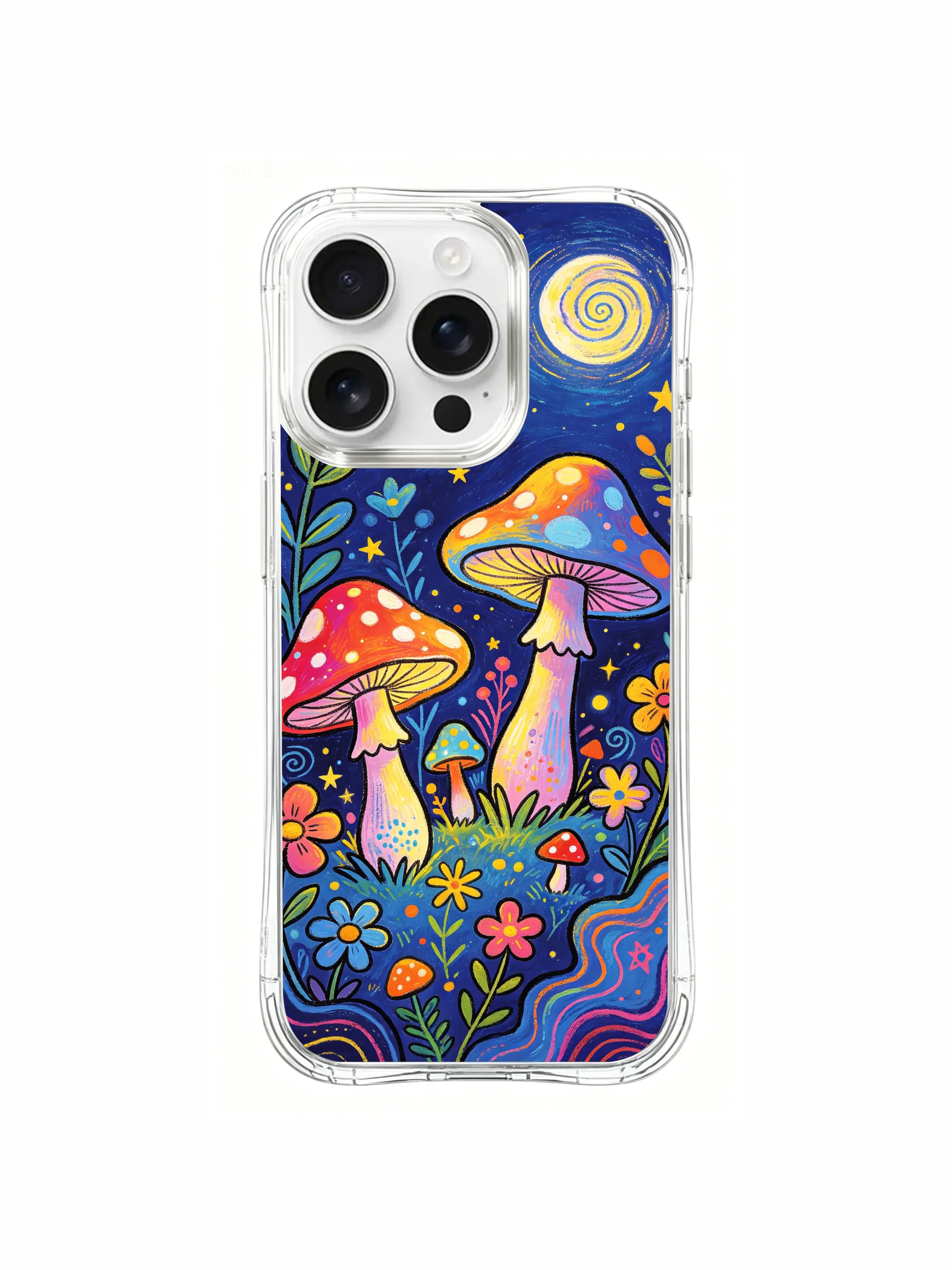 PhoneCasing iPhone 16 pro max Case, retro crayon finish bespoke casing with textured primitive folk drawing of luminous forest fungi under swirling star moon, high-end California-produced wearable art casing
