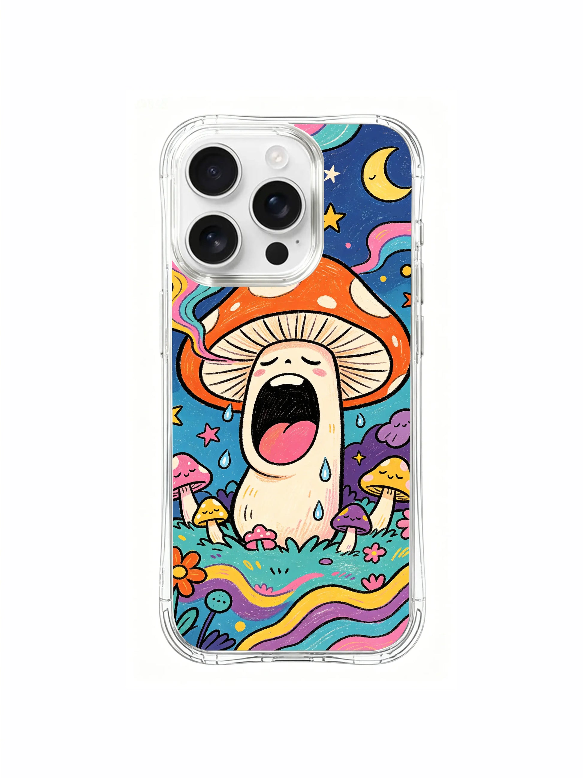 PhoneCasing iPhone 16 pro max Case, retro crayon finish bespoke casing with textured primitive folk drawing of perpetually drowsy yawn mushroom exhaling rainbow swirl mist beneath starry midnight sky, high-end California-produced wearable art casing.