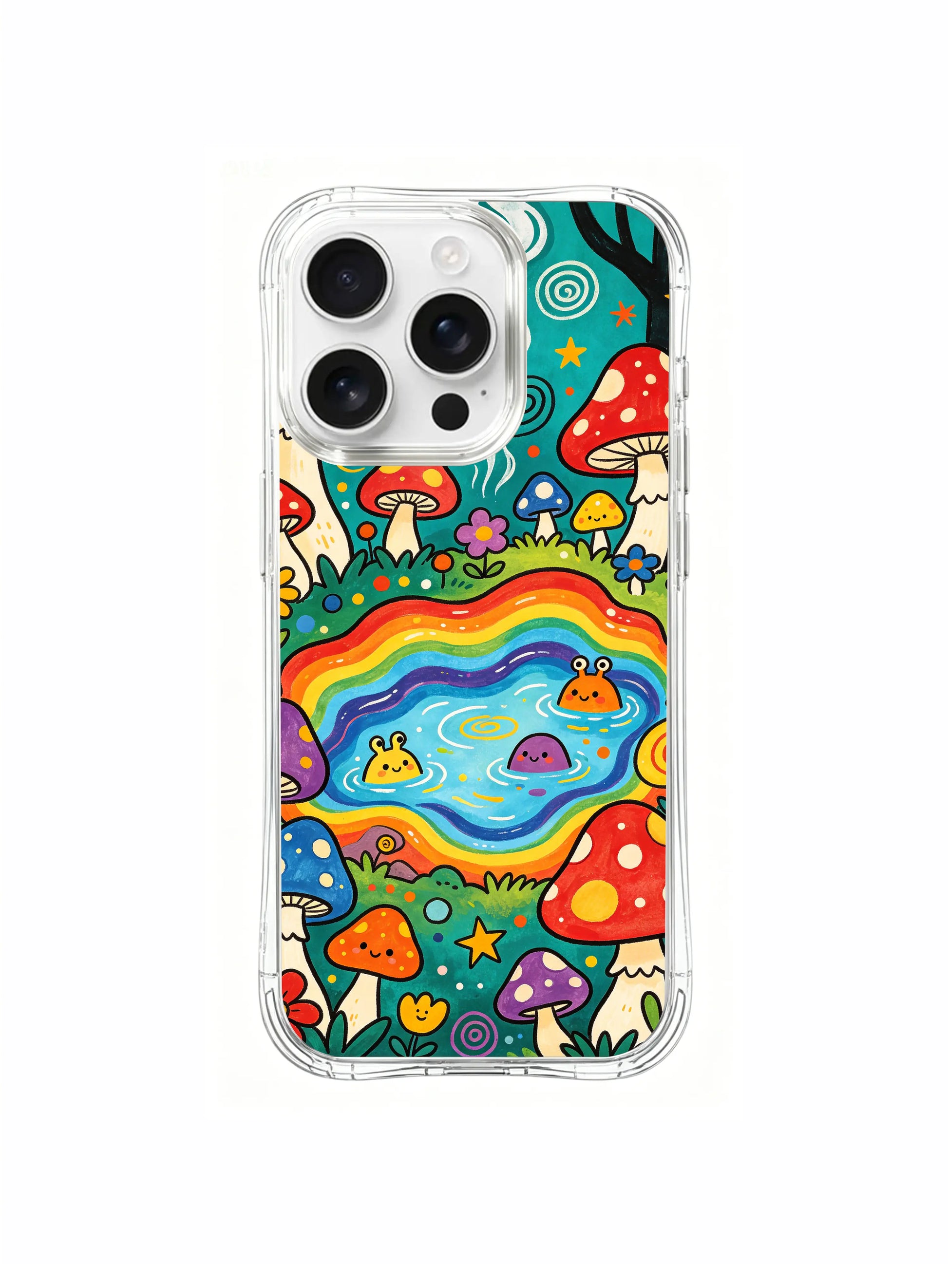 PhoneCasing iPhone 16 pro max Case, retro crayon finish bespoke casing with textured primitive folk drawing of blob friends inside rainbow pond and surrounding wild woodland fungi, high-end California-produced wearable art casing