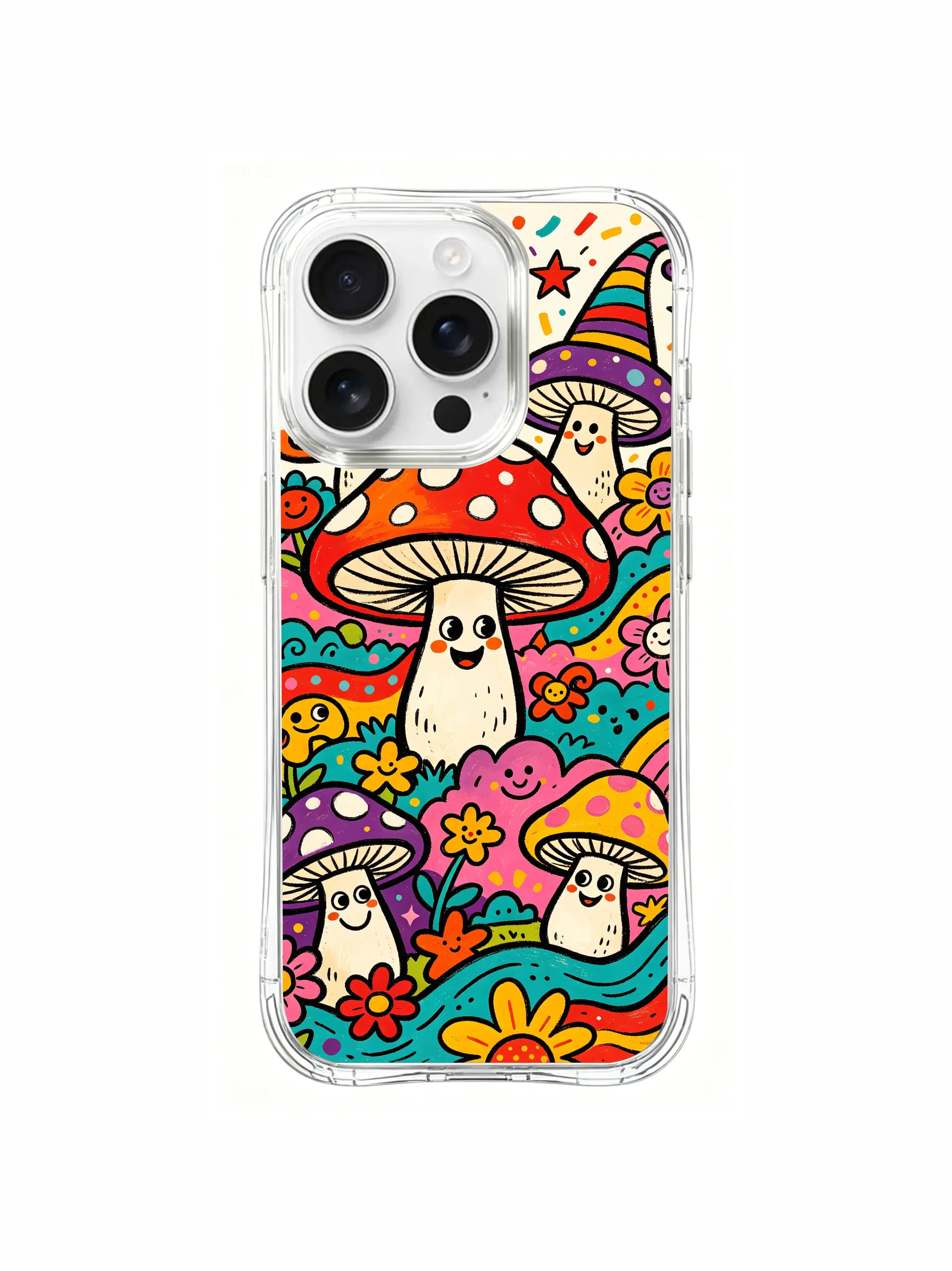 PhoneCasing iPhone 16 pro max Case, retro textured bespoke casing featuring whimsical carnival-themed clown mushroom woodland parade, saturated rainbow palette & hand-doodled swirl details, non-fade high definition print, California-produced wearable casing.