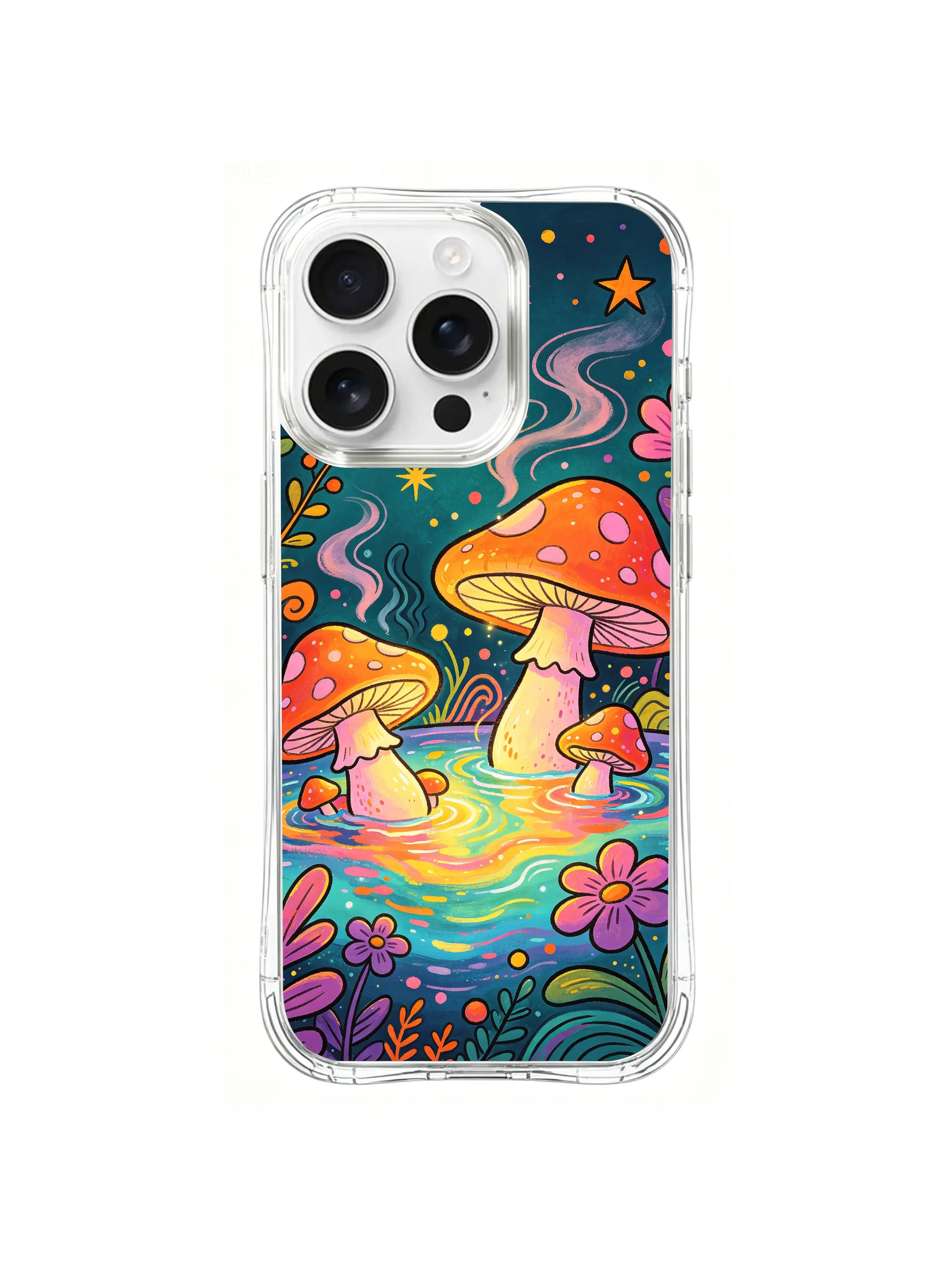 PhoneCasing iPhone 16 pro max Case, retro textured bespoke casing featuring whimsical enchanted woodland hot spring scenery, each spotted mushroom glows gently while soaking in rainbow water, saturated warm palette & hand-drawn swirl details, non-fade high-definition California-produced wearable casing.