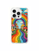 PhoneCasing iPhone 16 pro max Case, retro crayon textured bespoke casing featuring dreamlike psychedelic rainbow gate and sunflower meadow surrounded by wild spotted fungi, high definition non-fade ink, premium California manufactured wearable casing.