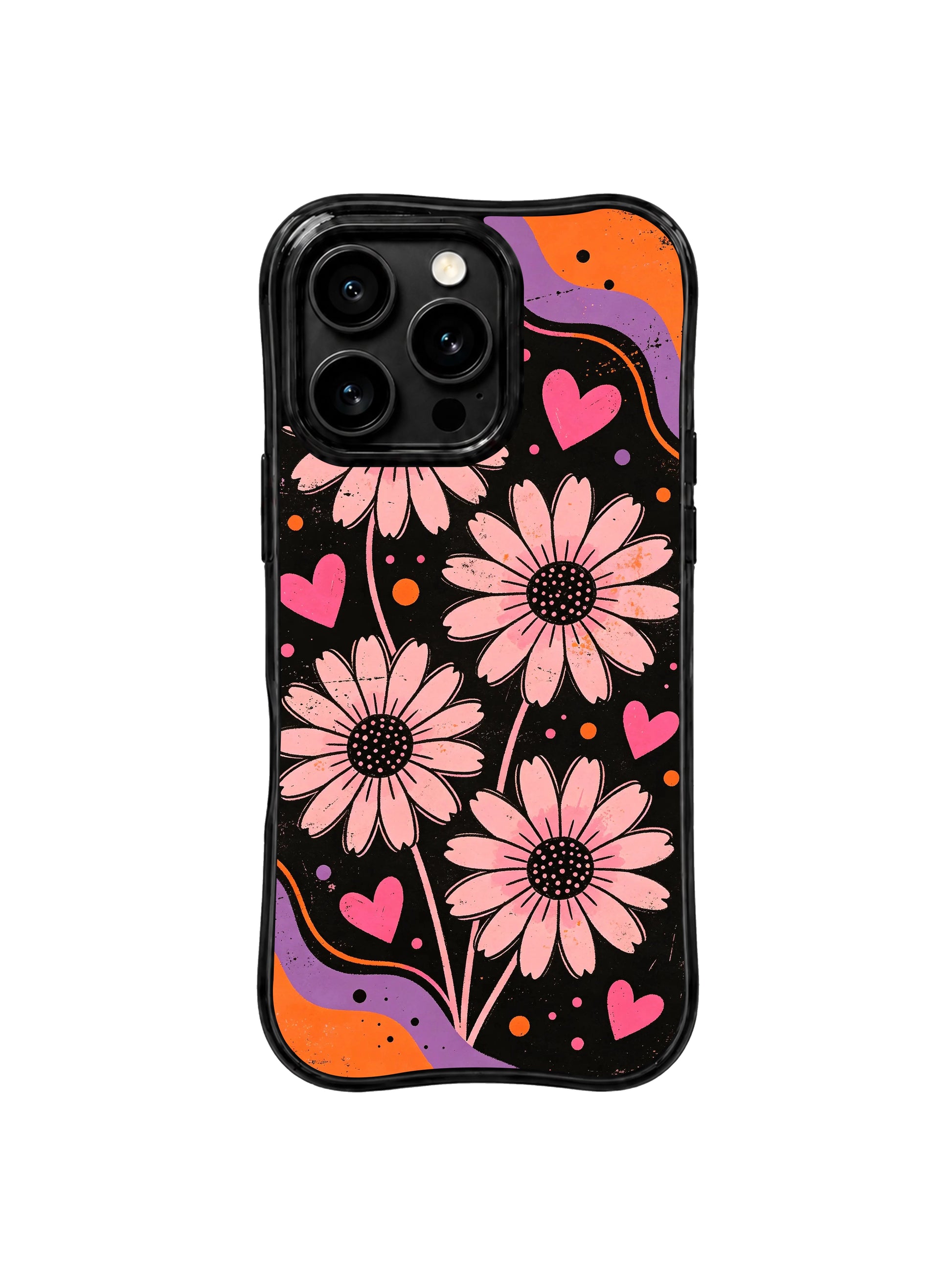 PhoneCasing iPhone 16 pro Case with full-bleed textured scratch grain black backdrop slow drifting lavender orange fluid ribbon blush daisy hidden pink heart dot layout full of tender hopeful dark dream retro charm, Ruby Daze signature collection, MagSafe compatible wavy black protective art casing.