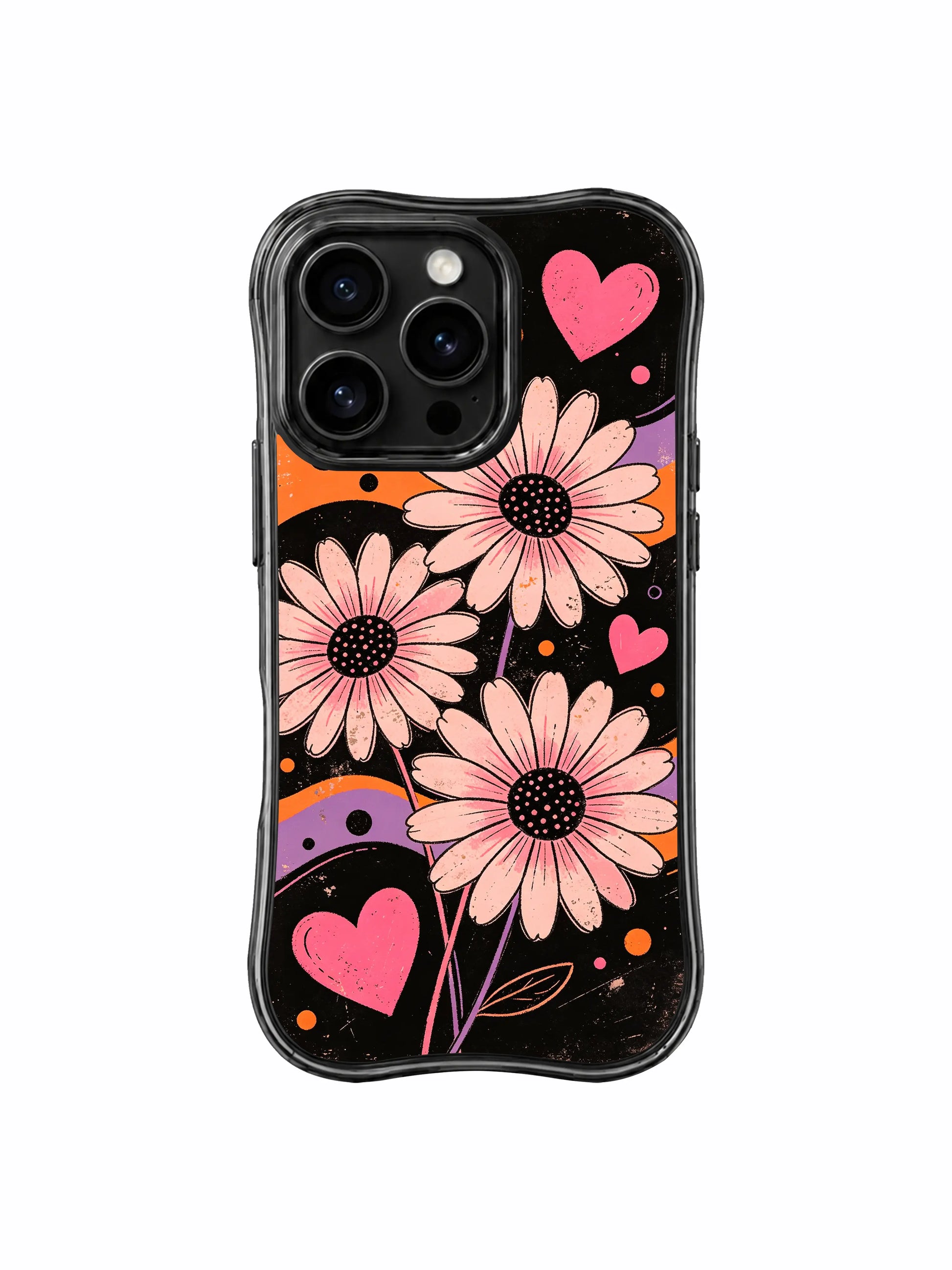 PhoneCasing iPhone 16 pro Case with full-bleed textured scratch grain black backdrop slow drifting lavender orange fluid ribbon blush daisy hidden pink heart dot layout full of tender hopeful dark dream retro charm, Ruby Daze signature collection, MagSafe compatible wavy black protective art casing