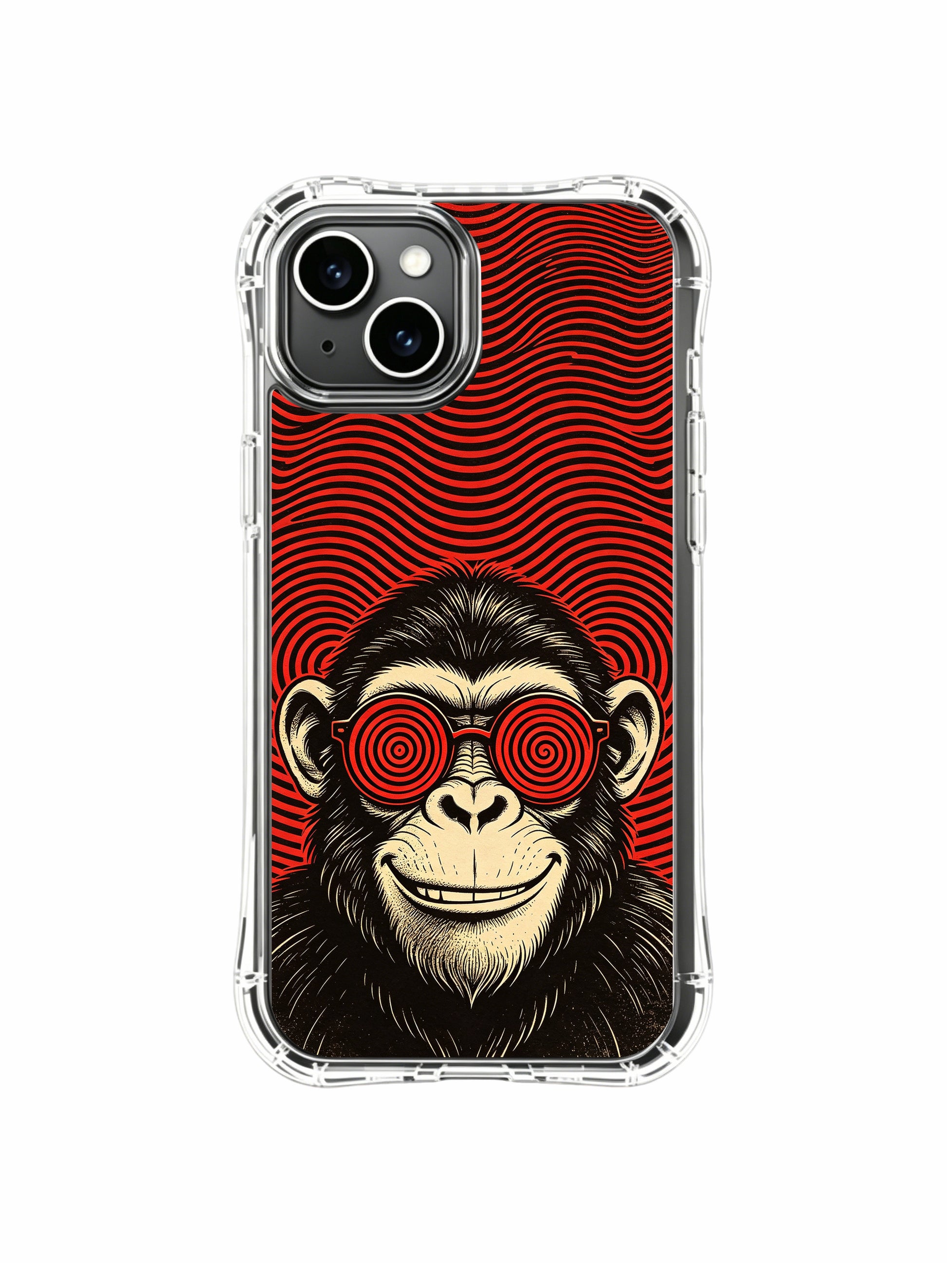 Vintage distressed kraft textured full red warp retro chimp illustration by Rufus Vale on PhoneCasing iPhone 13 Case, scratch-resistant gallery-quality art casing produced in US California atelier.