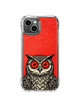 Wavy Divination: A small low-set owl beneath a broad field of fine red waves.