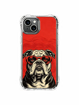 Vintage engraved-style bulldog portrait artwork on an iPhone 13 case