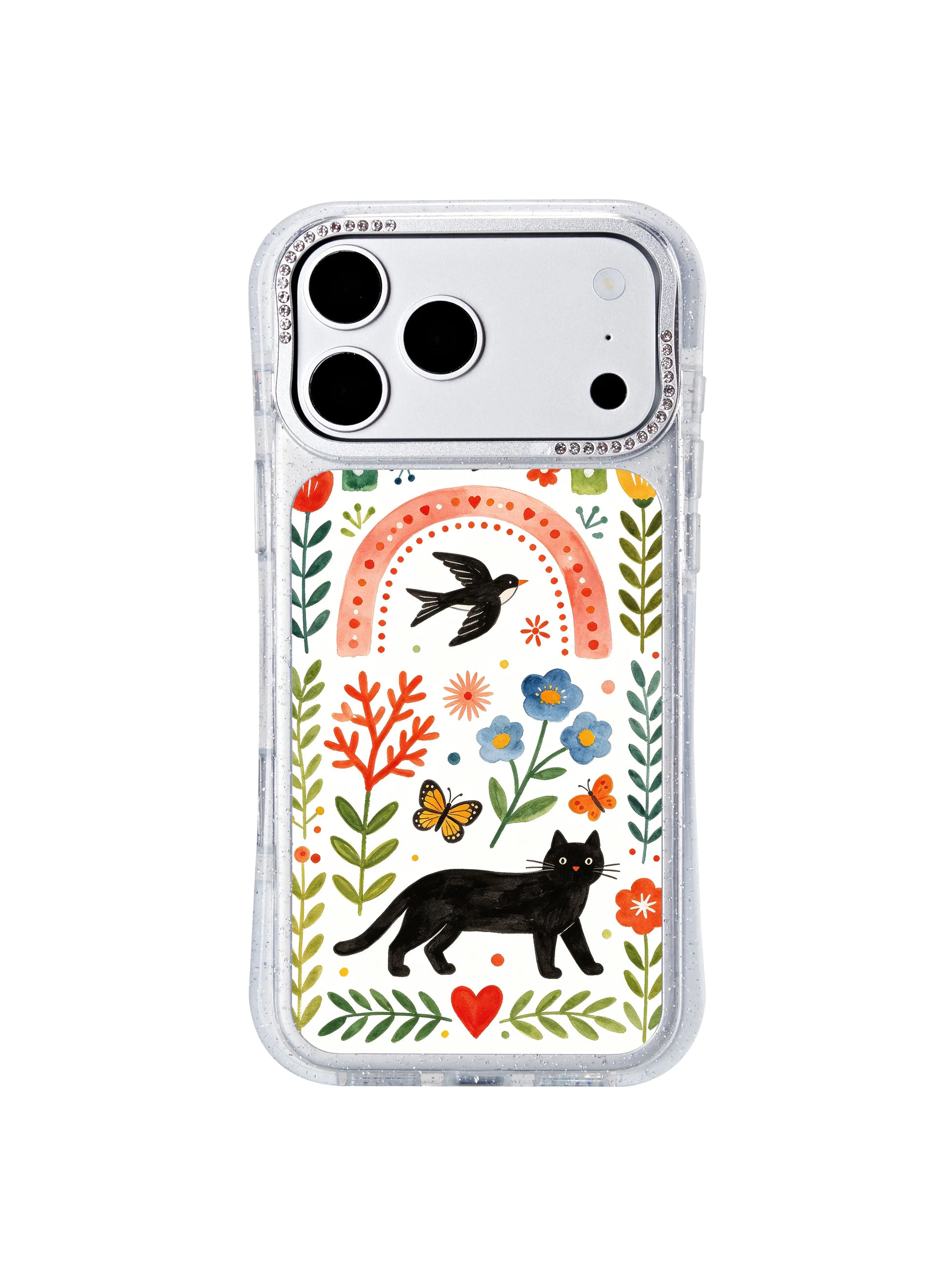 PhoneCasing vintage folk aesthetic iphone 17 pro Max case with crystal rhinestone camera trim, soft hand-painted rainbow arch, butterfly and wildlife motifs crafted from gallery-grade UV-resistant ink.