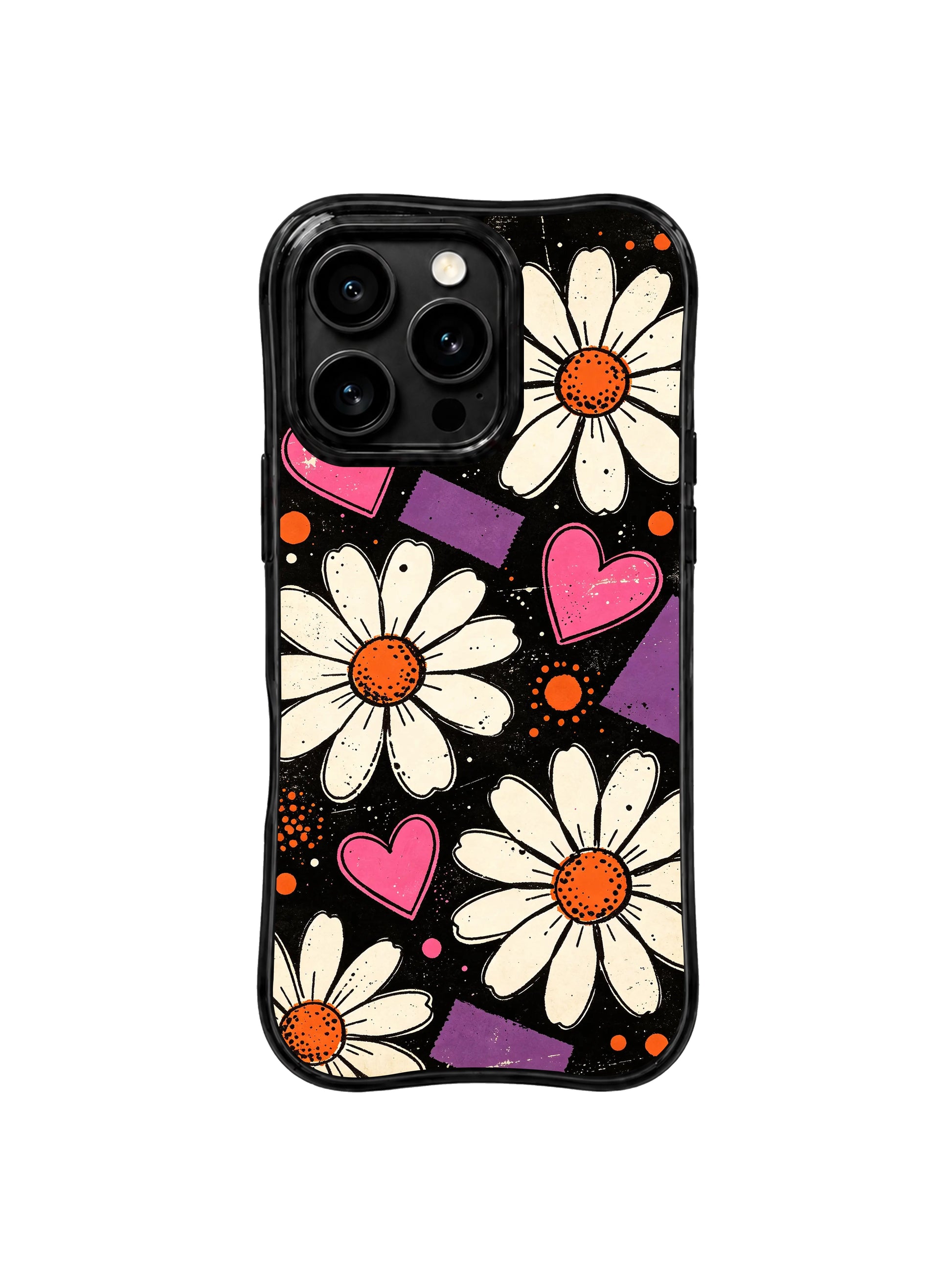 PhoneCasing iPhone 16 pro Case with worn retro poster floral layout, Ruby Daze Midnight Daisy Pulse signature collection, MagSafe wavy protective art casing.