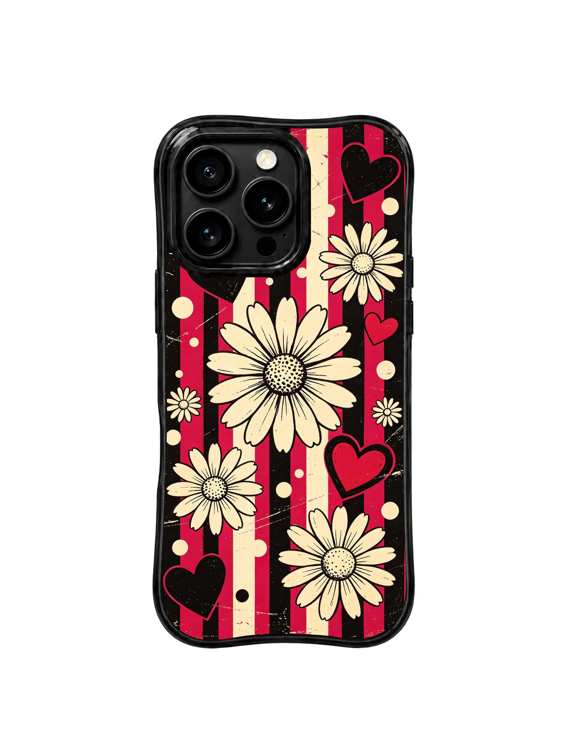 PhoneCasing iPhone 16 pro Case with full-bleed vertical distressed cherry red black stripe rhythm daisy heart dot layout full of confident nostalgic retro rock charm, Ruby Daze signature collection, MagSafe compatible wavy black protective art casing.