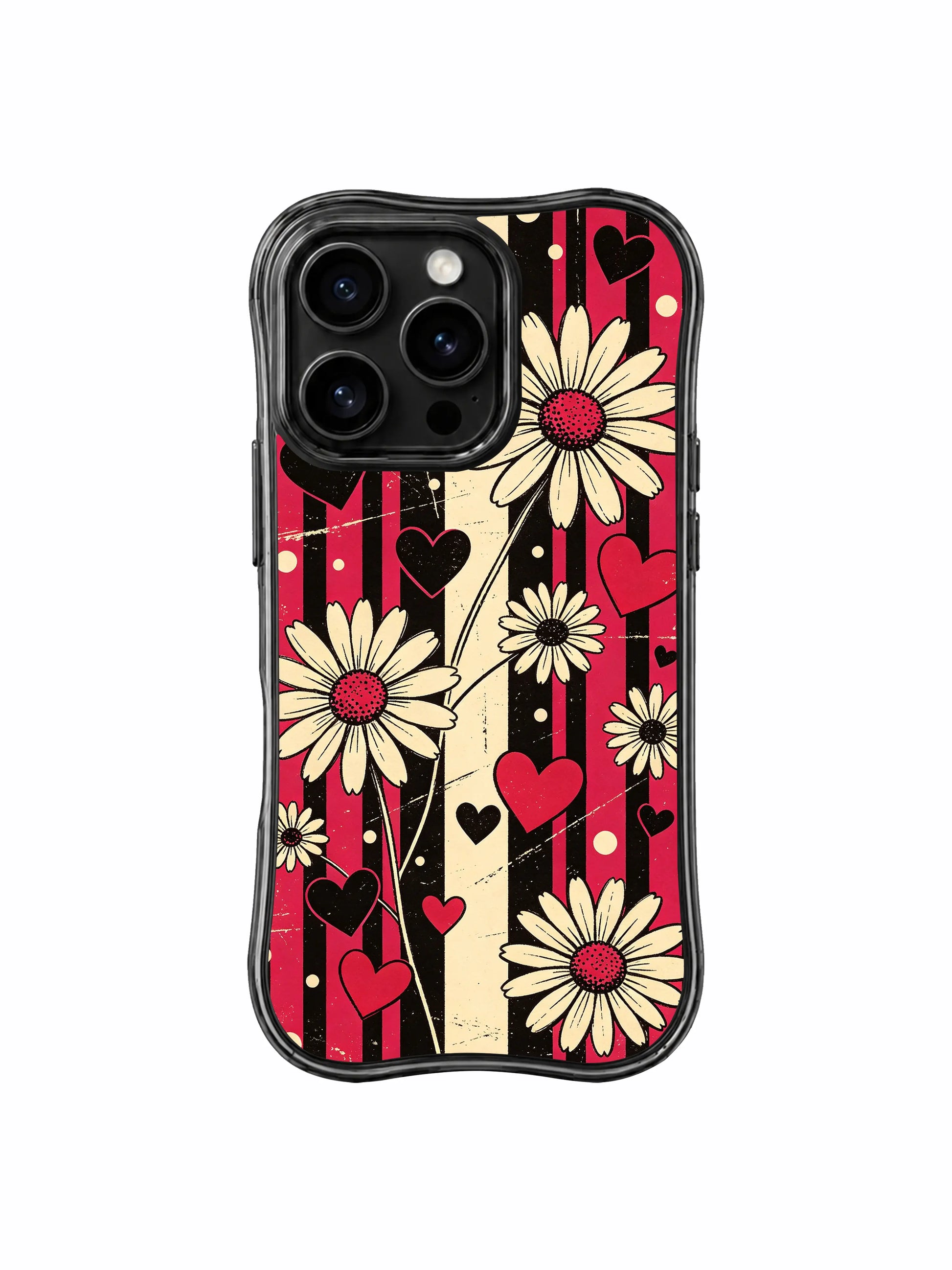 PhoneCasing iPhone 16 pro Case with full-bleed vertical distressed cherry red black stripe rhythm daisy heart dot layout full of confident nostalgic retro rock charm, Ruby Daze signature collection, MagSafe compatible wavy black protective art casing.