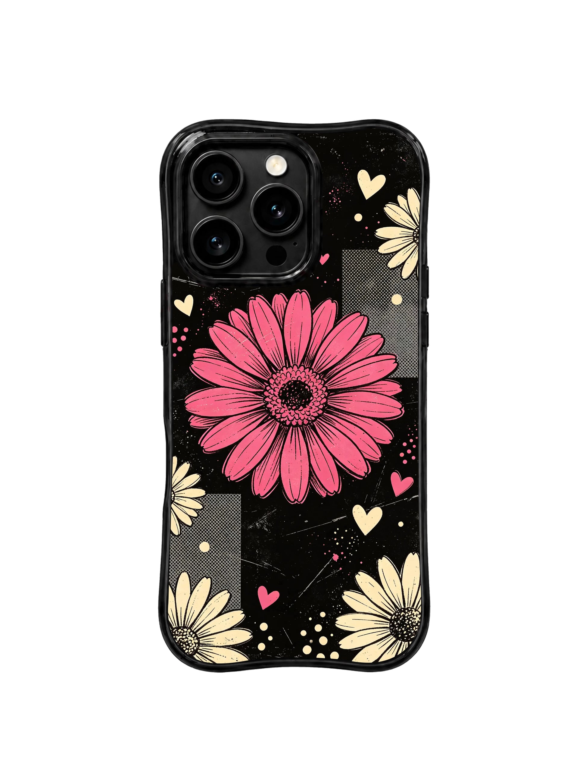 PhoneCasing iPhone 16 pro Case with full-bleed layered spotlight daisy collage layout balanced with scattered cream flower heart dots, Ruby Daze signature collection, MagSafe compatible wavy black protective art casing.