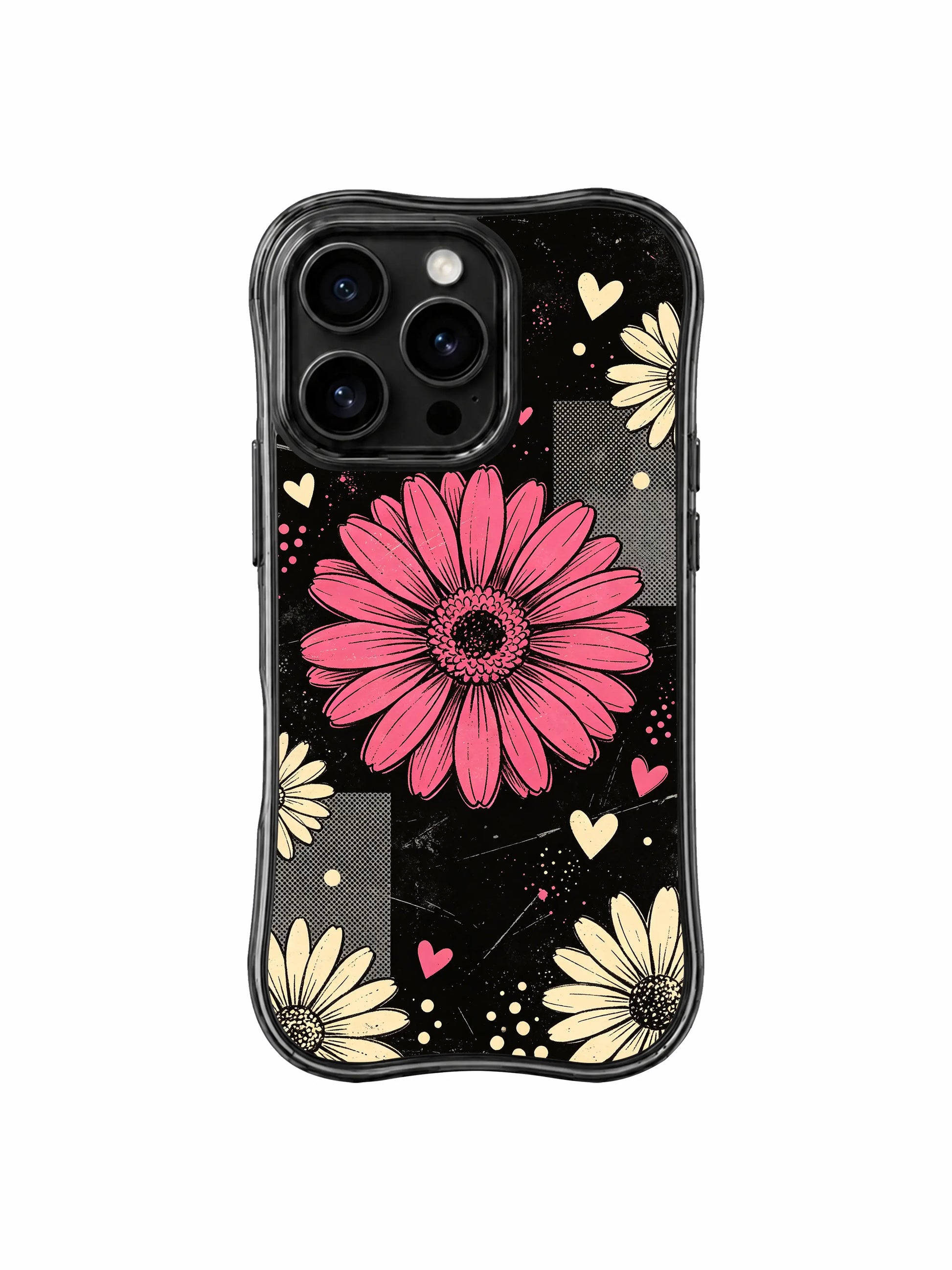 PhoneCasing iPhone 16 pro Case with full-bleed layered spotlight daisy collage layout balanced with scattered cream flower heart dots, Ruby Daze signature collection, MagSafe compatible wavy black protective art casing.
