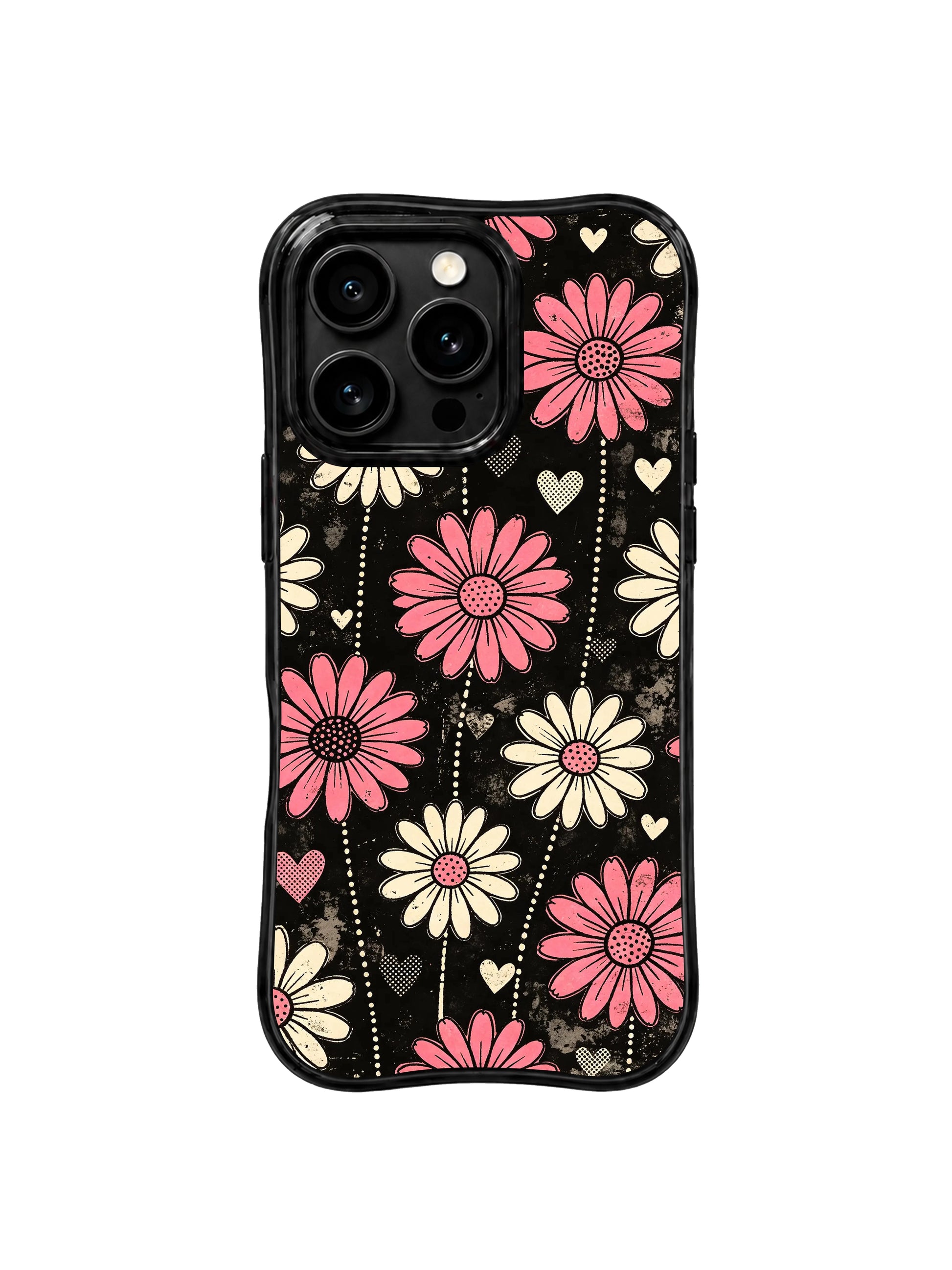 PhoneCasing iPhone 16 pro Case with worn old television static vertical floral layout, Ruby Daze Pink Static Garden signature collection, MagSafe wavy protective art casing.