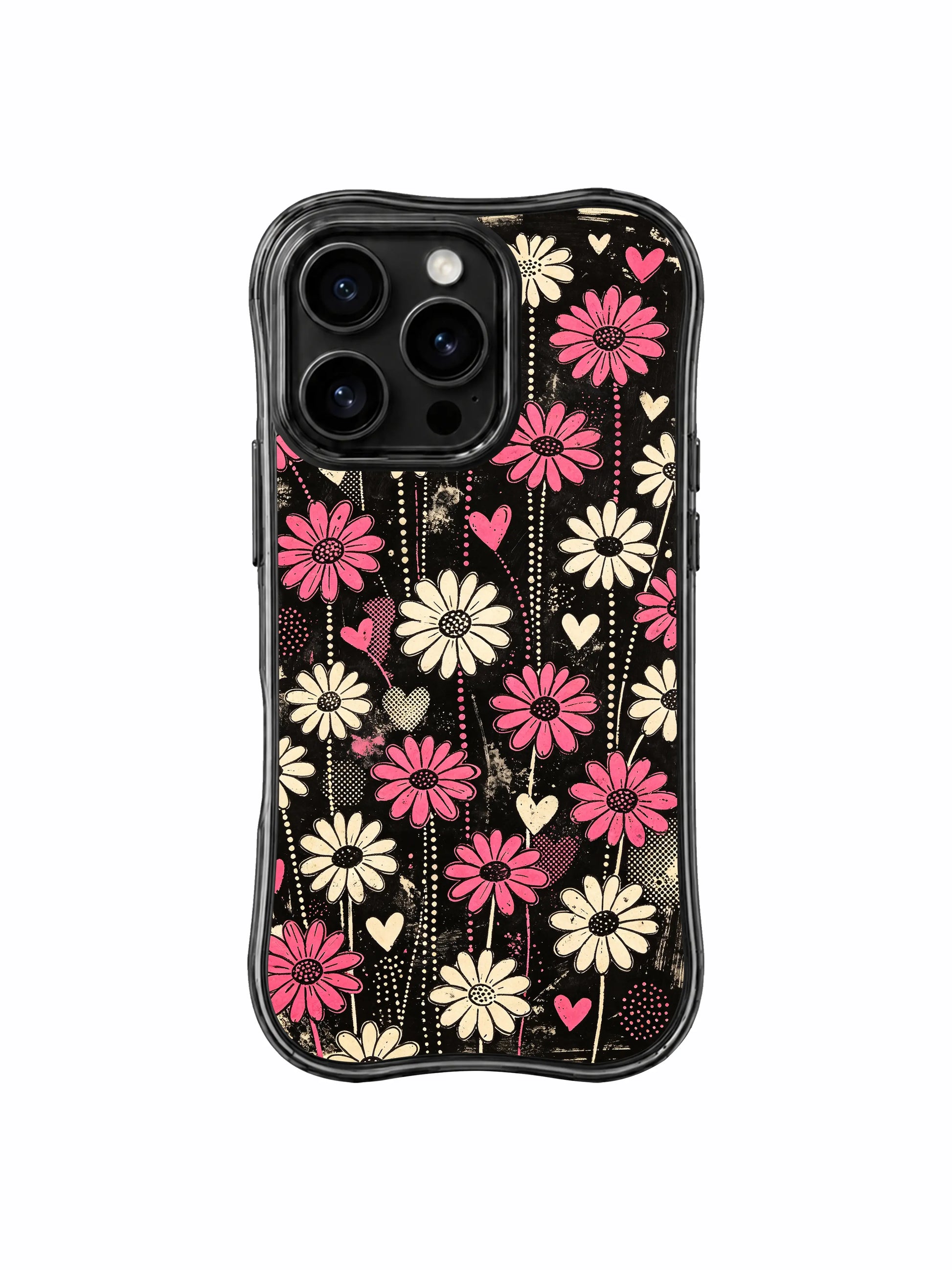 PhoneCasing iPhone 16 pro Case with worn old television static vertical floral layout, Ruby Daze Pink Static Garden signature collection, MagSafe wavy protective art casing.