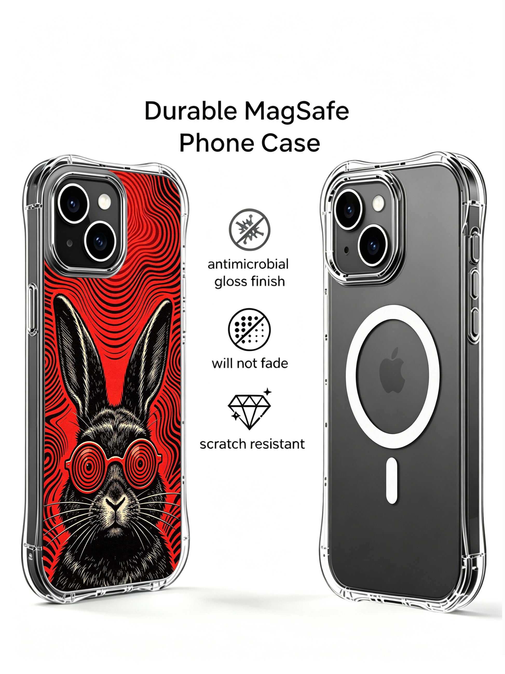Vintage woodcut mysterious LP album cover black rabbit print featured on PhoneCasing iPhone 13 Case, premium licensed art phone casing manufactured in USA as luxury art gift for American female shoppers.