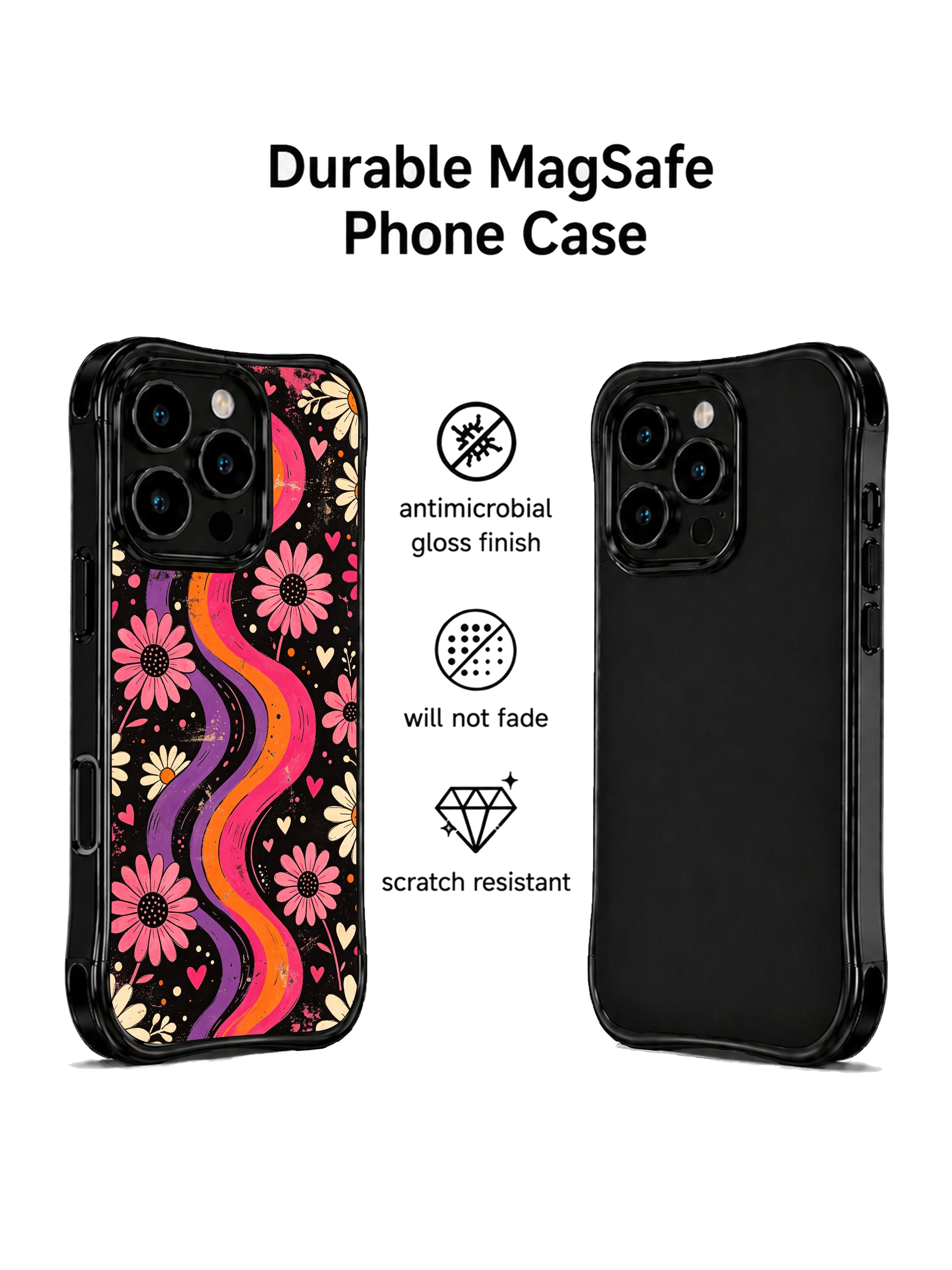 PhoneCasing iPhone 16 pro Case with nostalgic retro poster tangerine swirl daisy and tiny heart graphics, Ruby Daze warm romantic pop art, California-made wavy black phone cover.